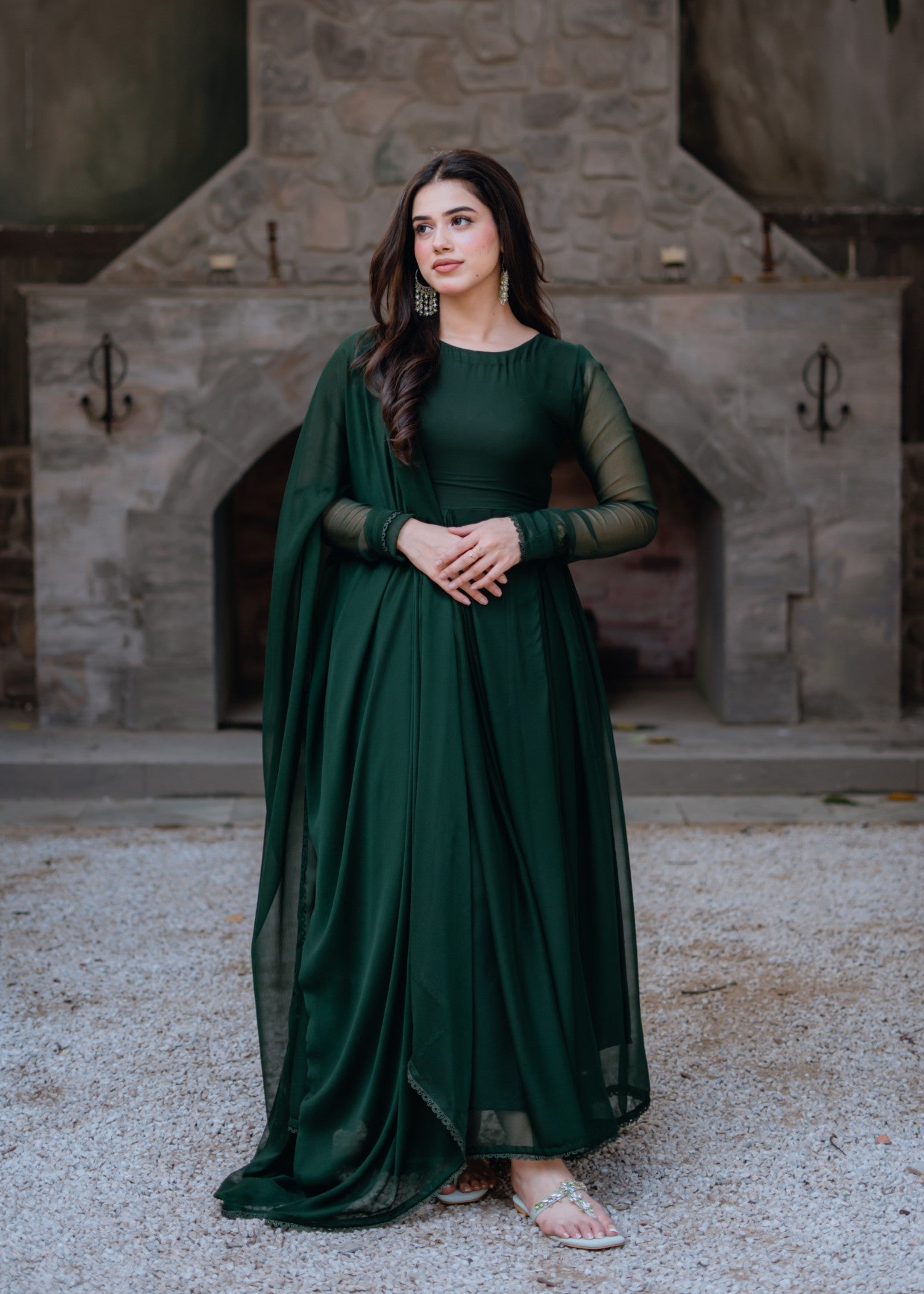 bemberg crinkle chiffon Maxi in Hunter green