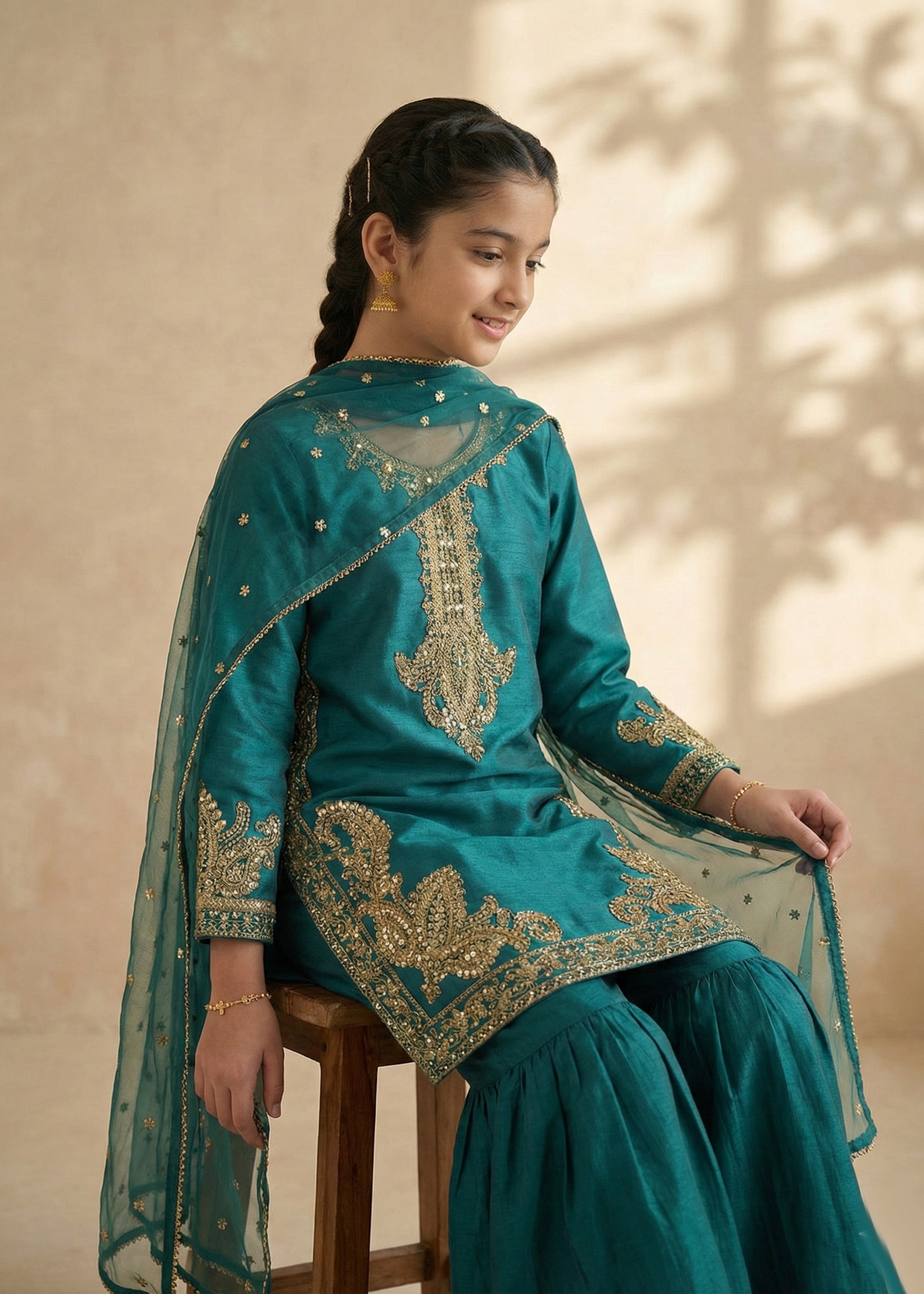 lawn Gharara in Sea green