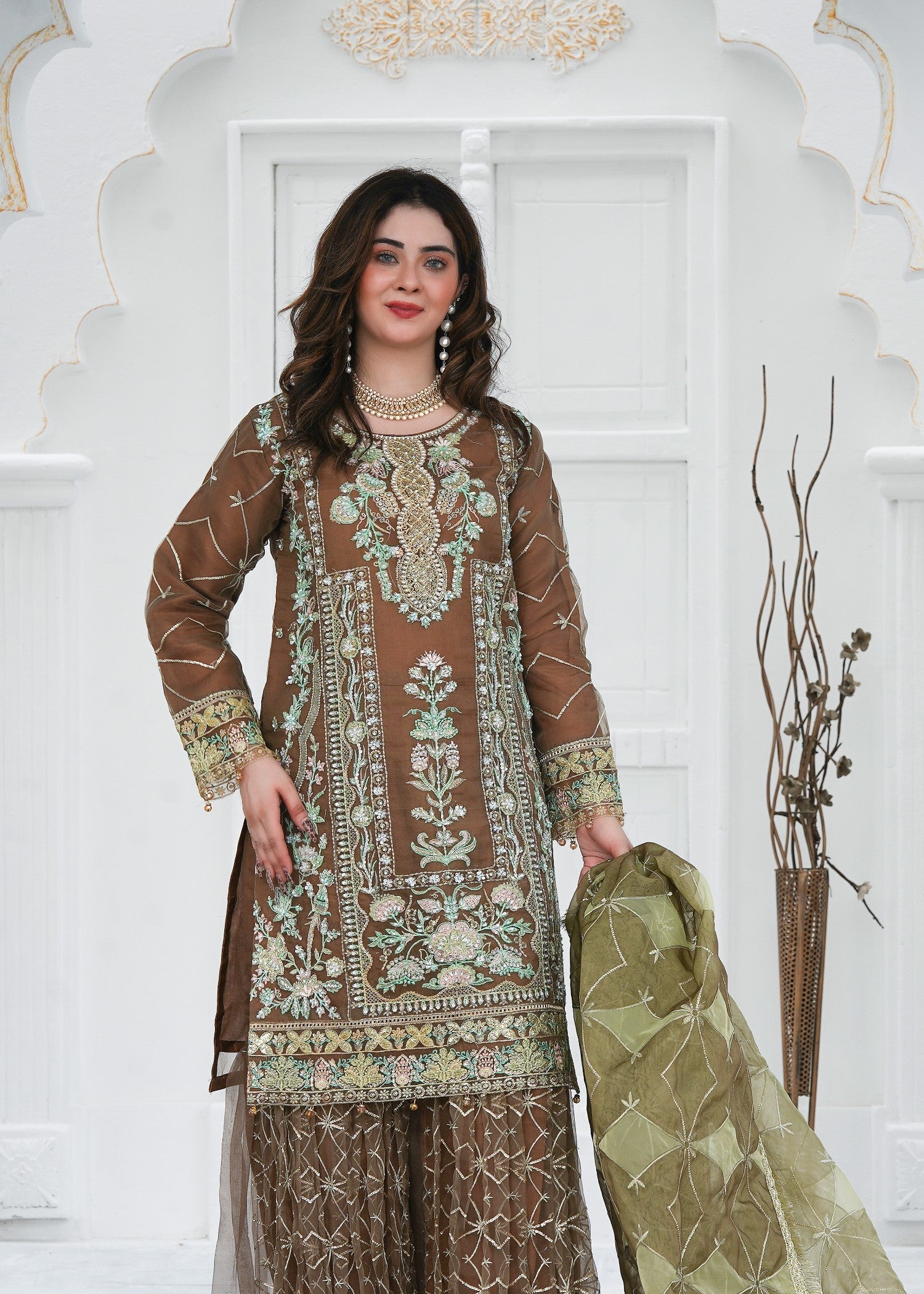 organza Gharara in Brown