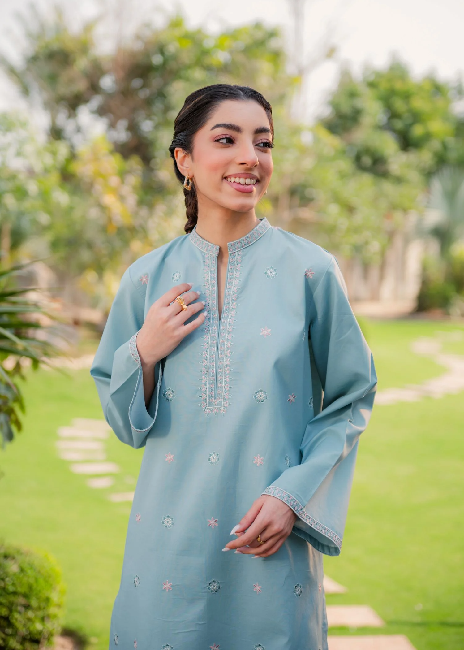 pure cotton Kurta Set in Ice blue