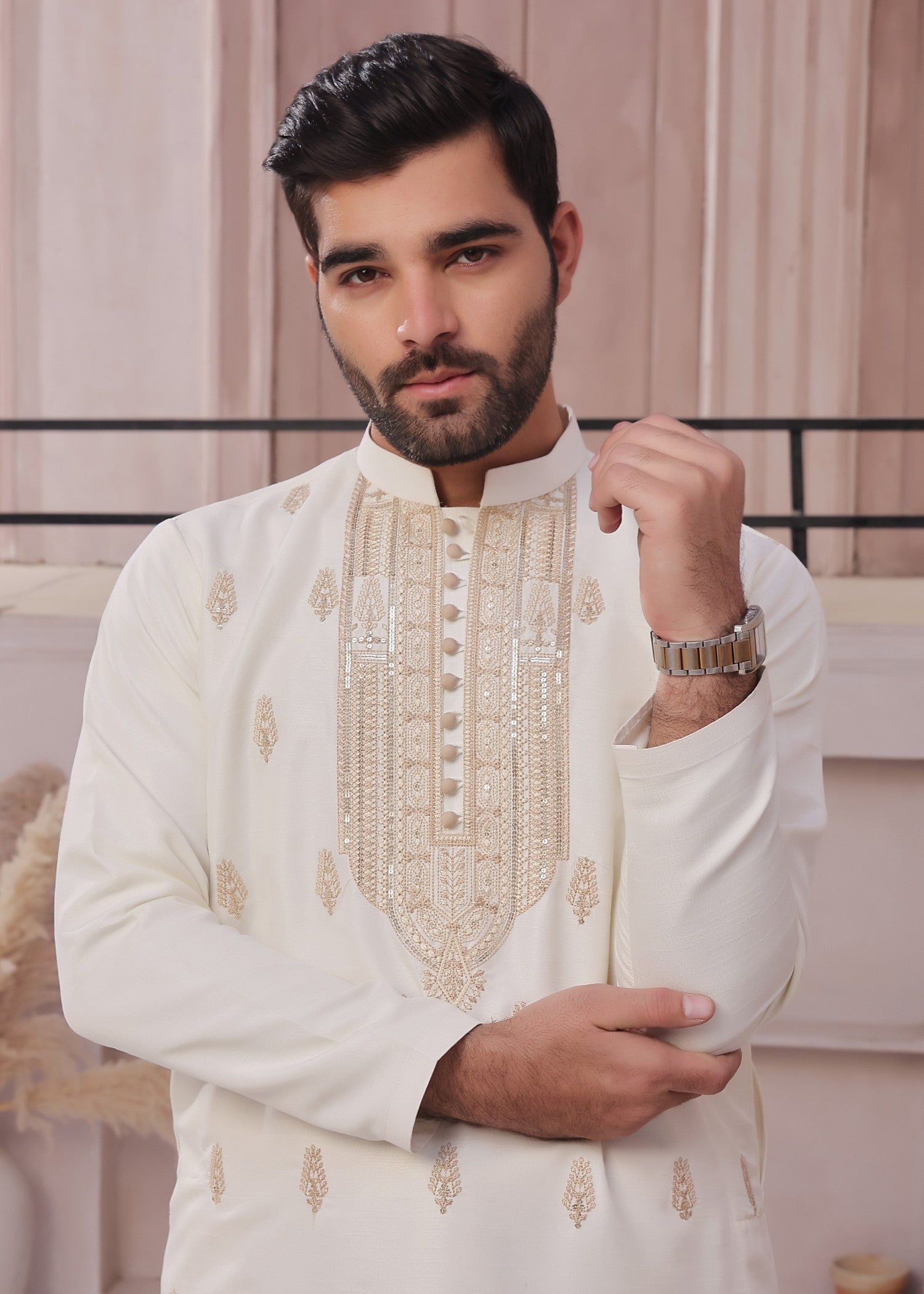 raw silk Kurta Set in Beige by The Great Masters (TGM)