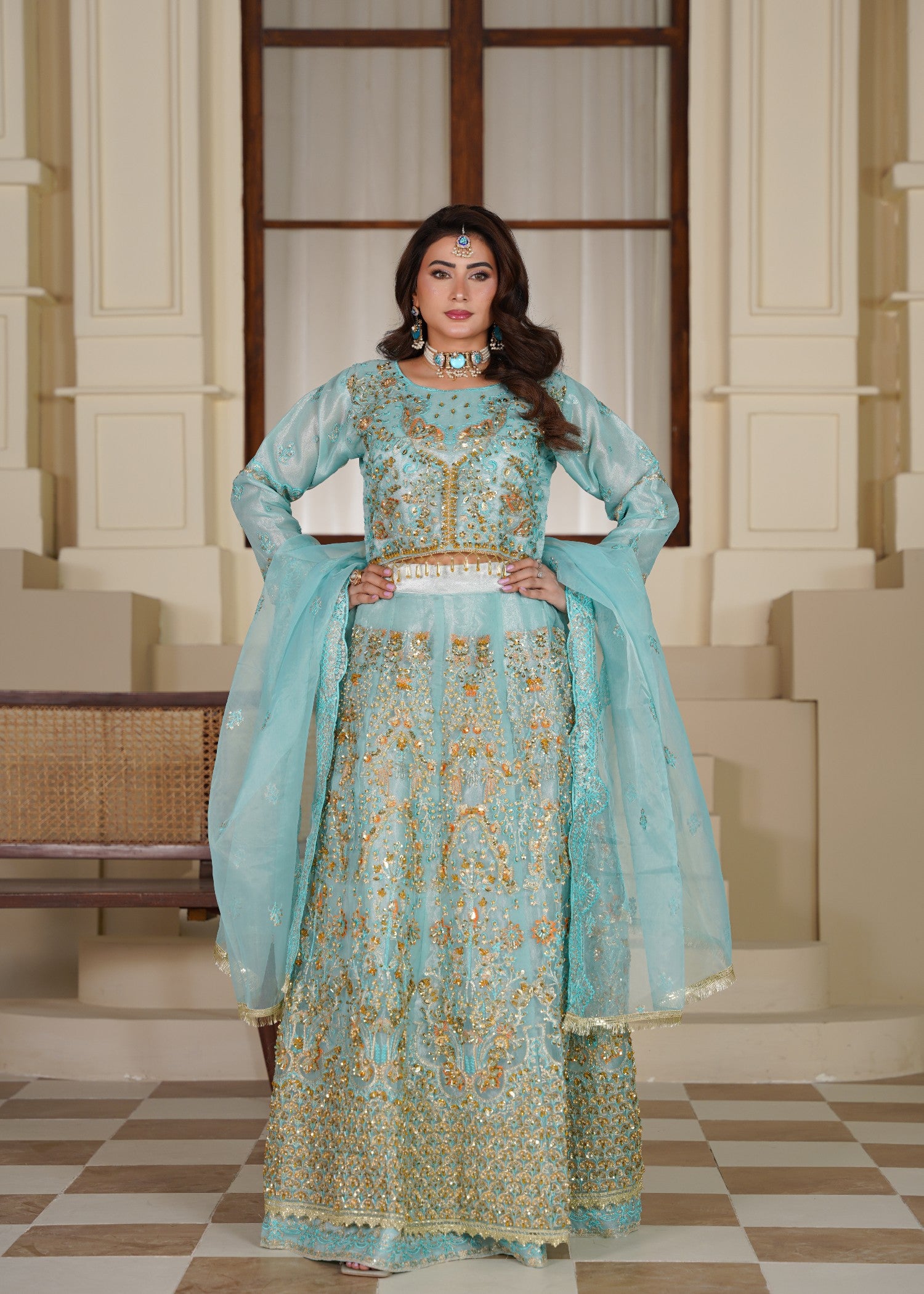 organza Lehenga in Turquoise, gold