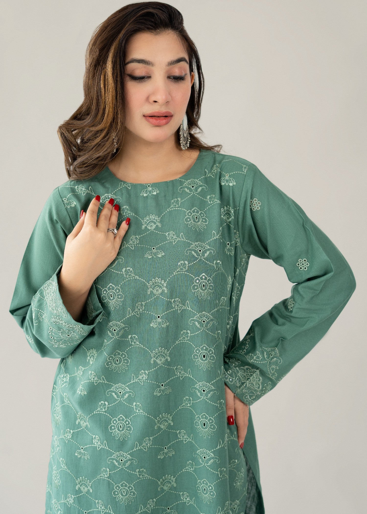 slub khaddar Kurta Set in Sea green