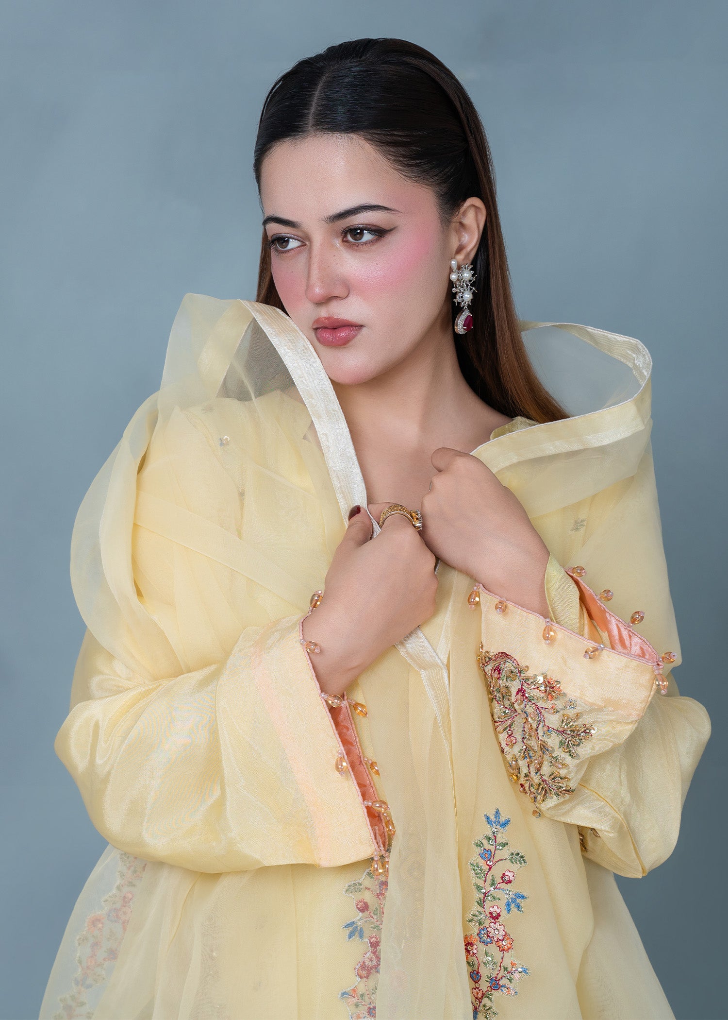 tissue silk Kurta Set in Lemon