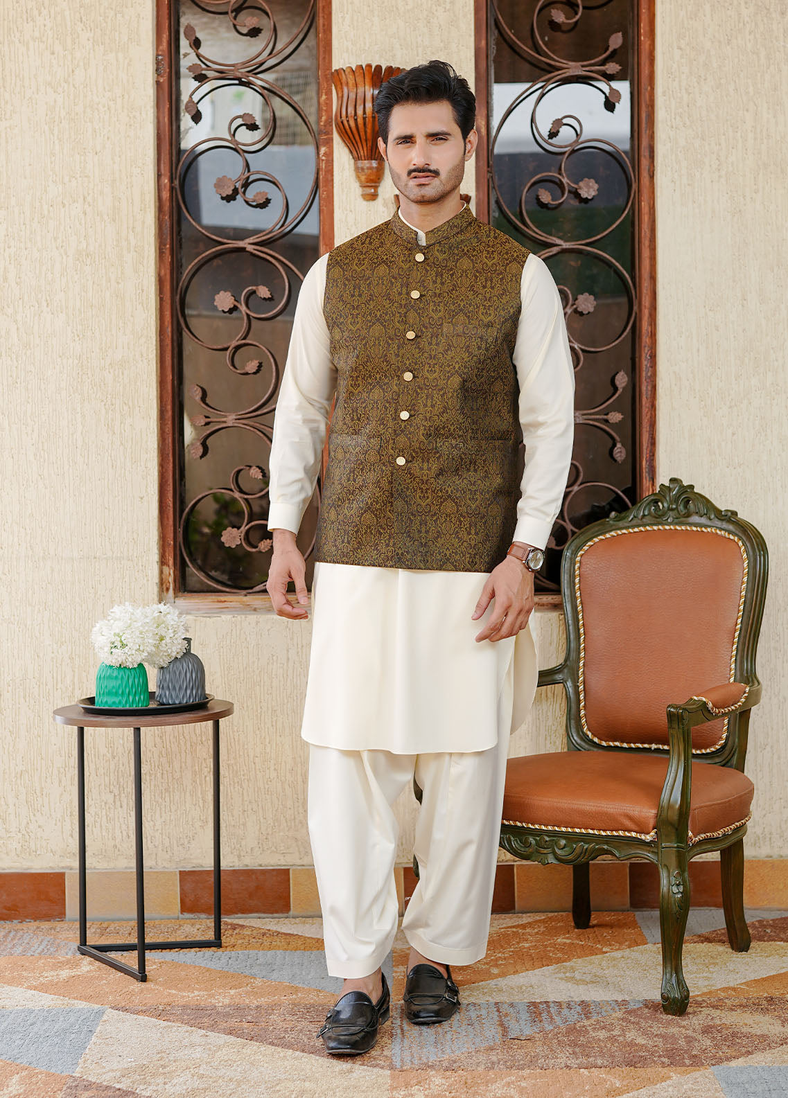 traditional jamawar Waistcoat in Dark brown by Real Image Clothing