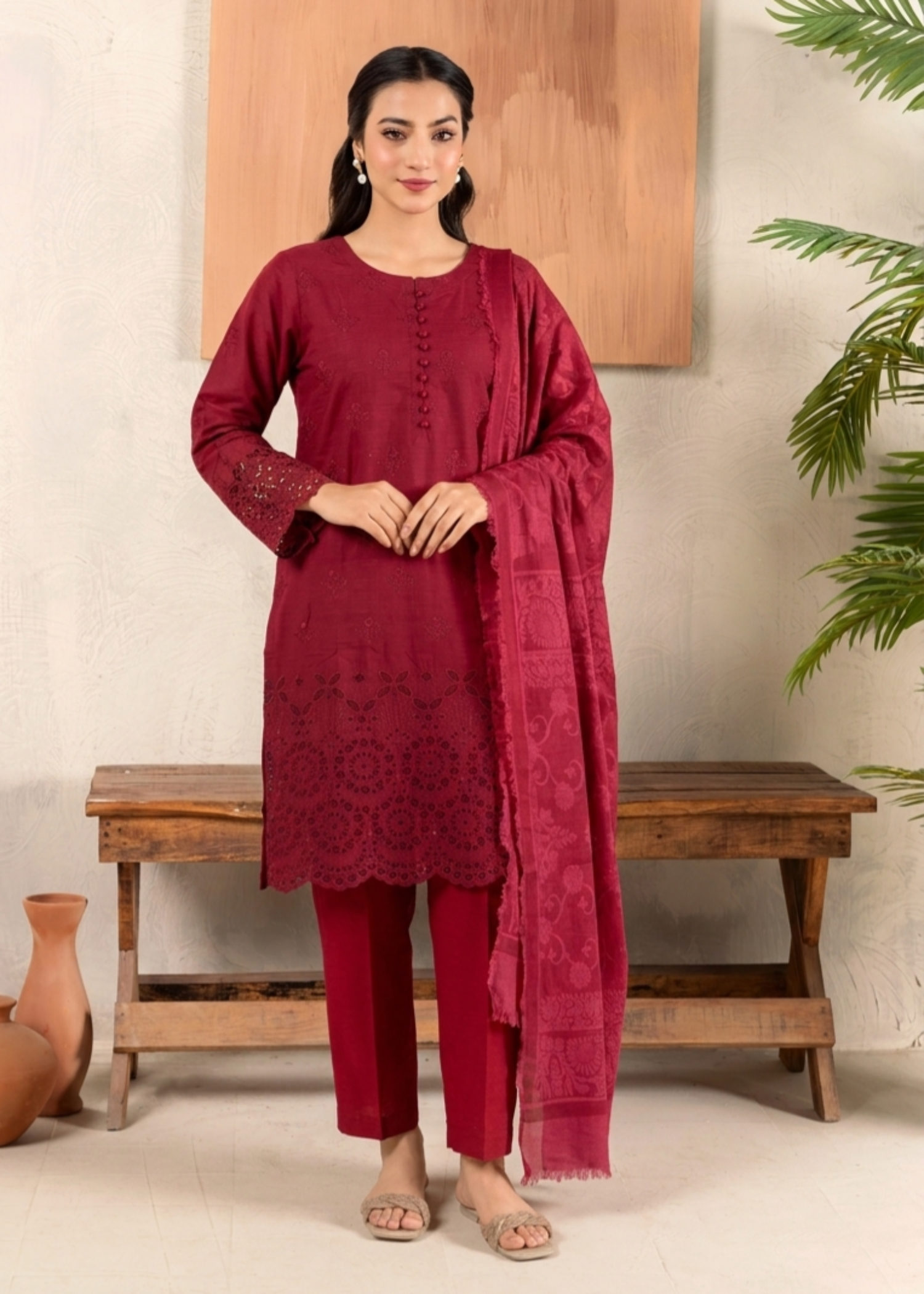 cotton satin Kurta Set in Carmine