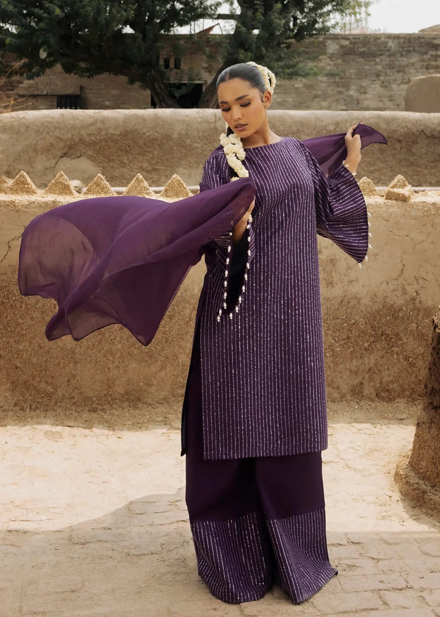 lawn cotton Kurta Set in Purple heart
