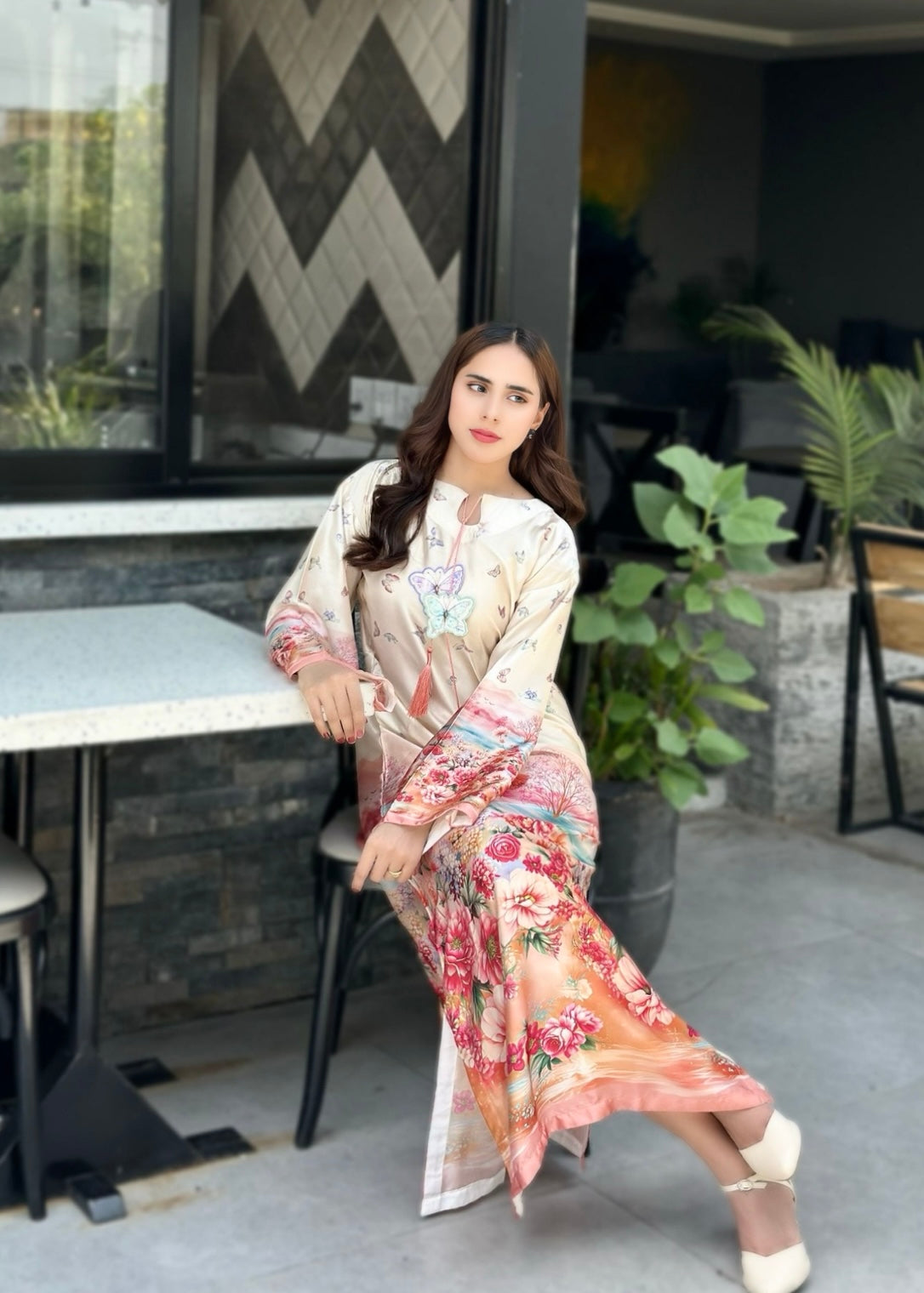 pk charmuse silk Kaftan in Ivory, champagne