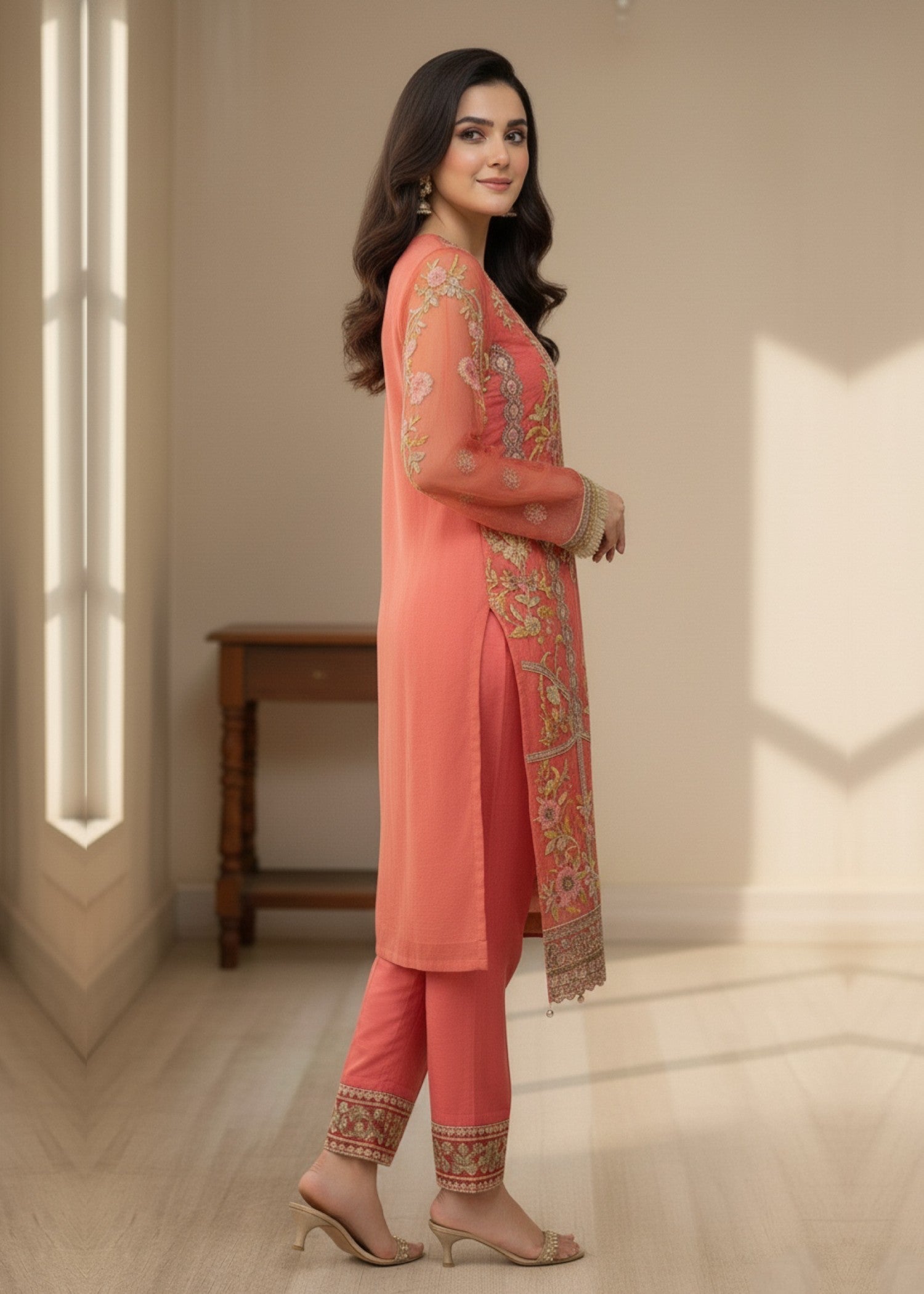 organza Kurta Set in Coral pink