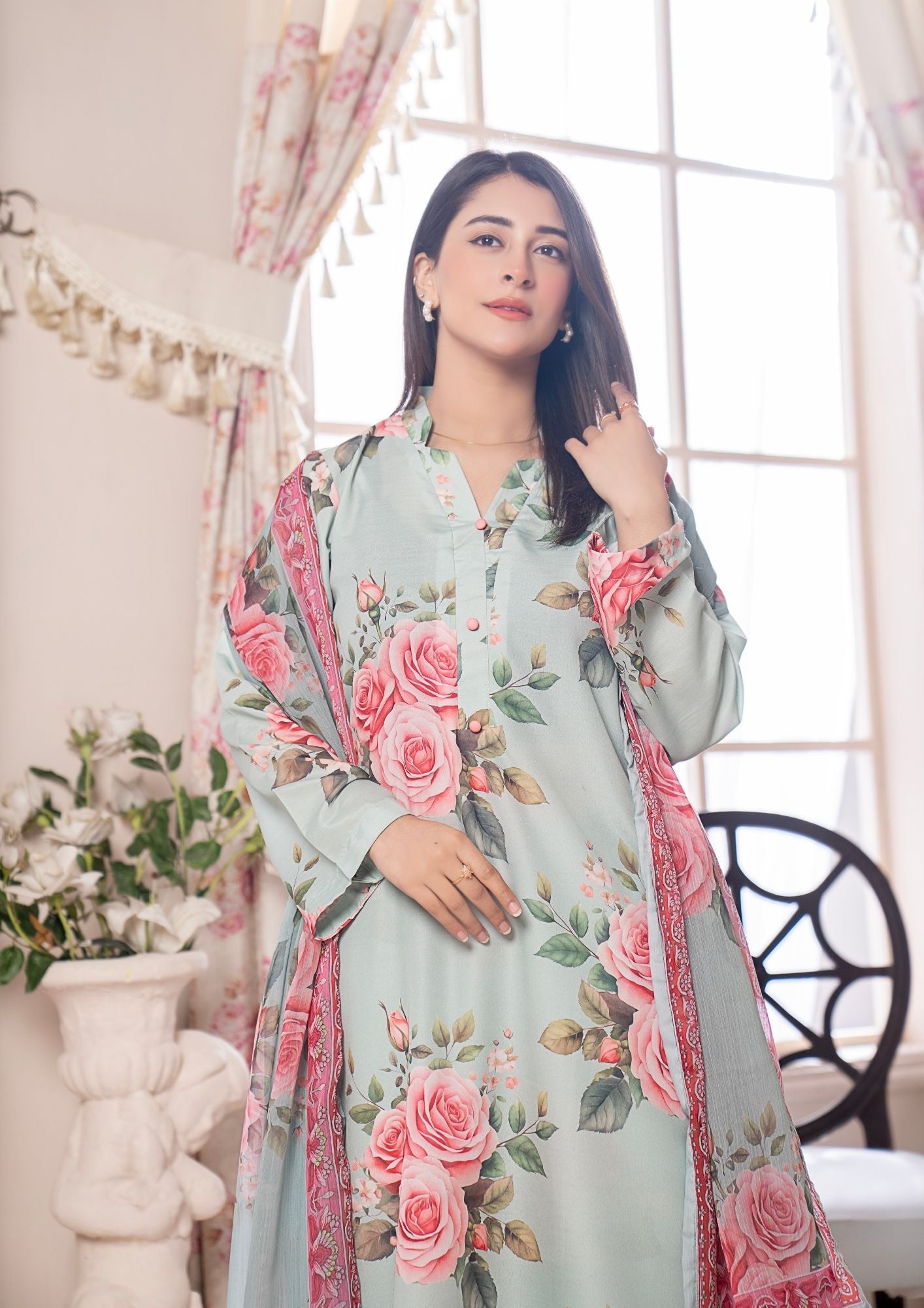 arabic lawn Kurta Set in Cloud blue