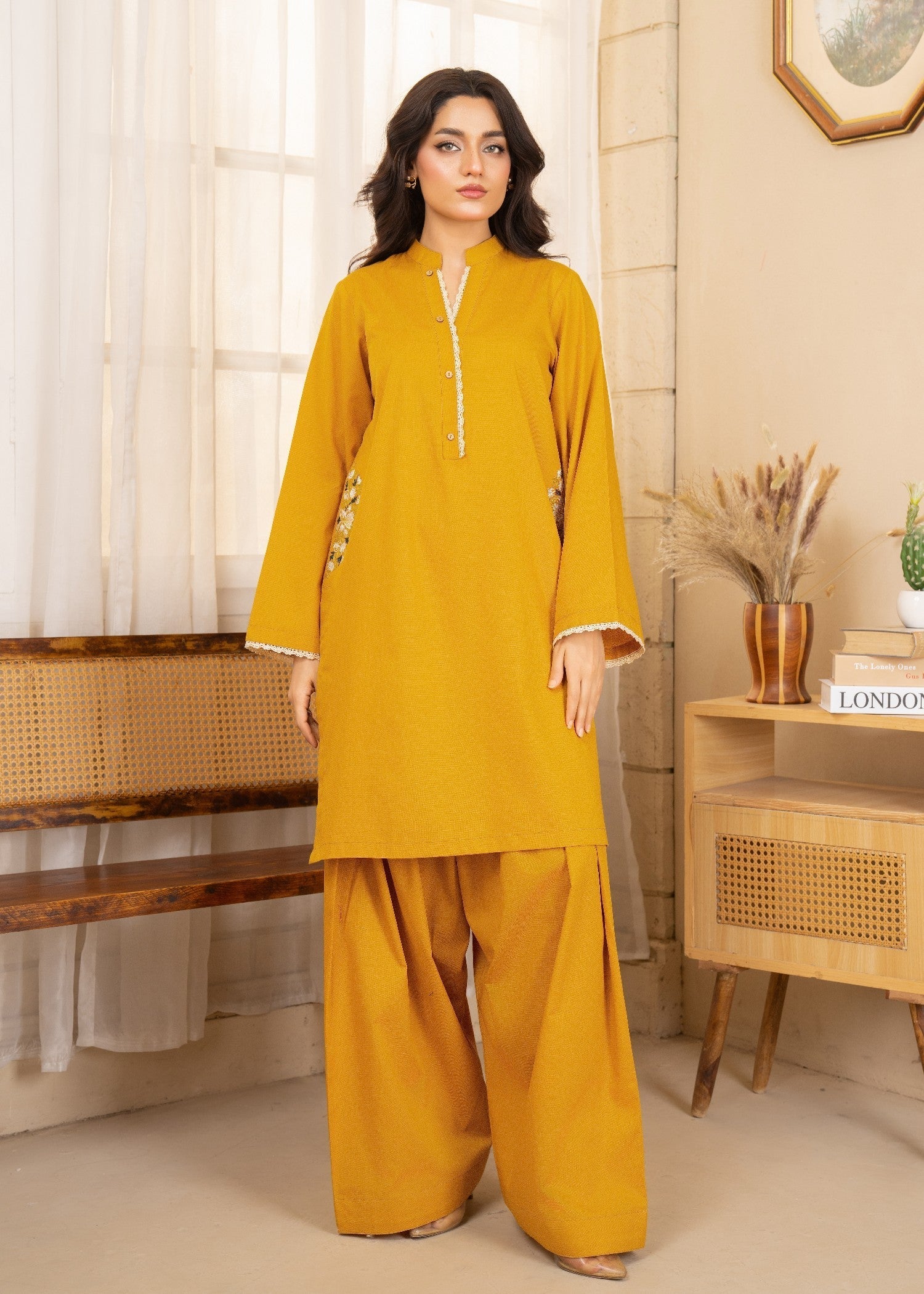 twill khaddar Kurta Set in Mustard