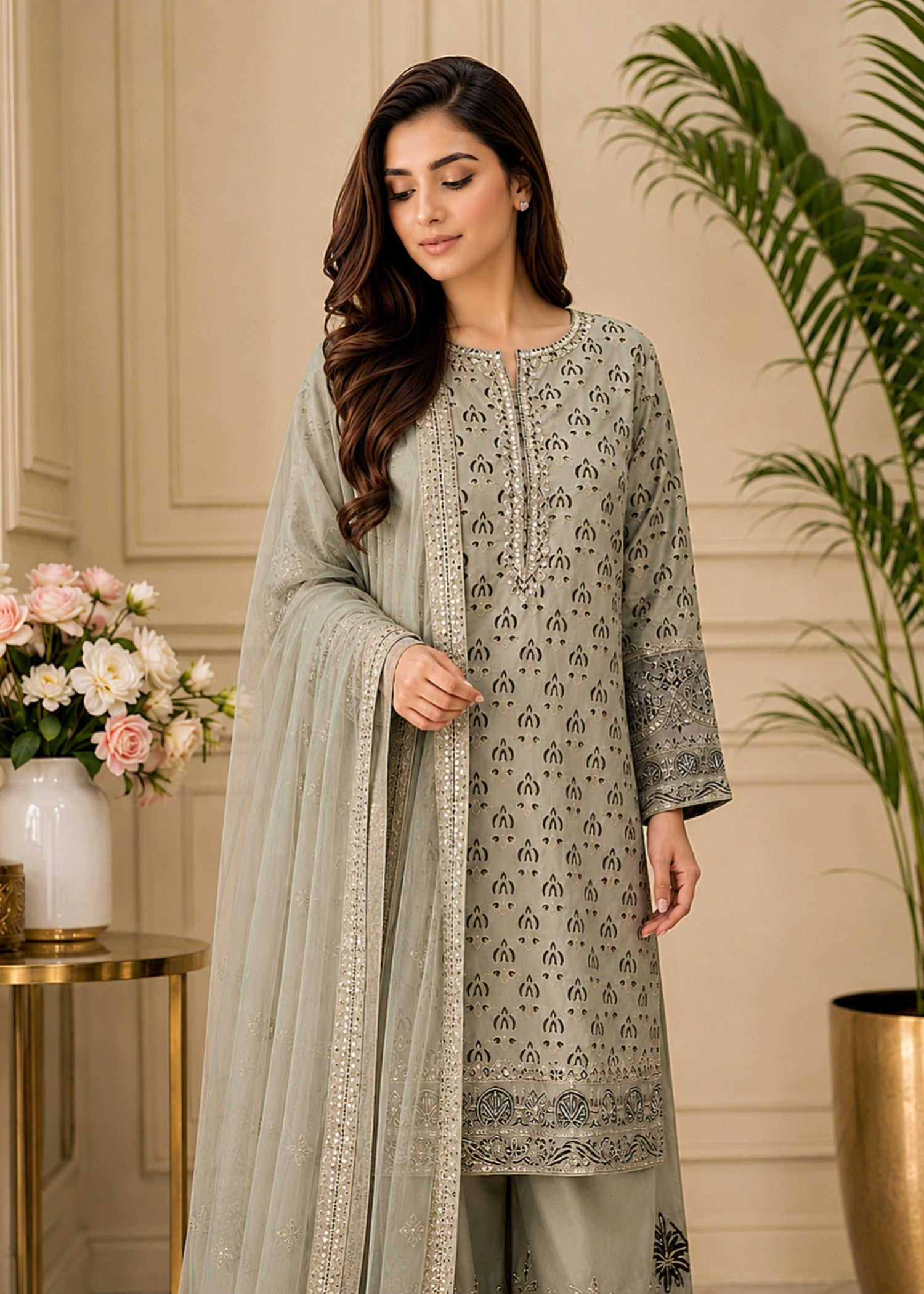 kattan silk Kurta Set in Ash grey