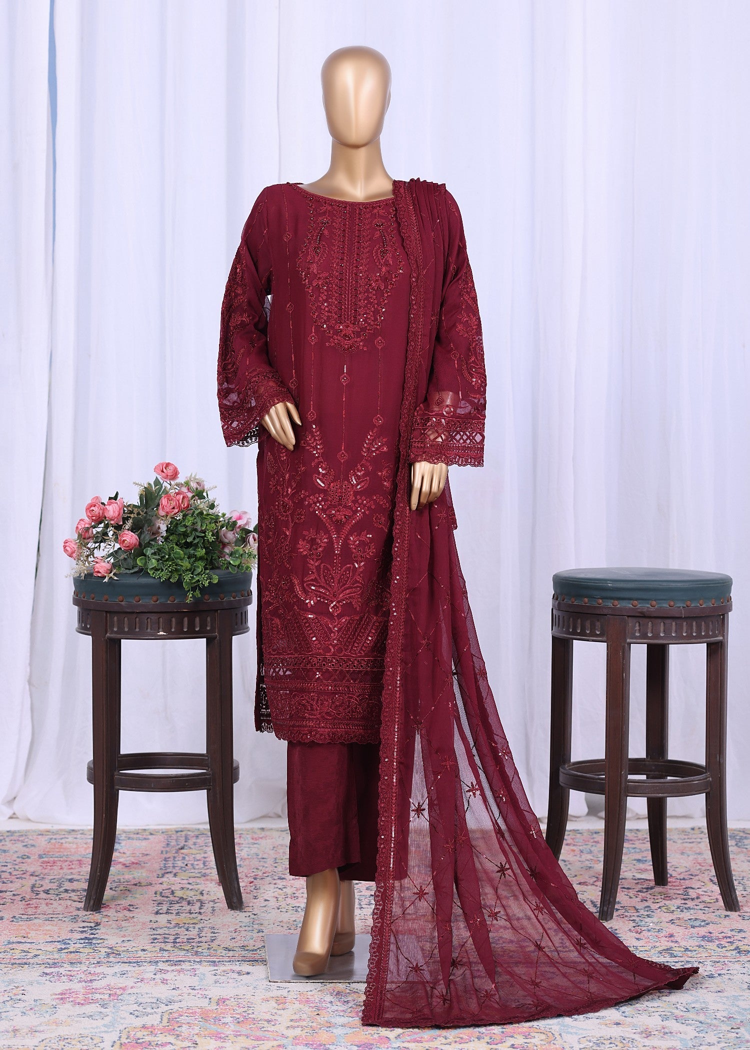polyester chiffon Kurta Set in Sangria