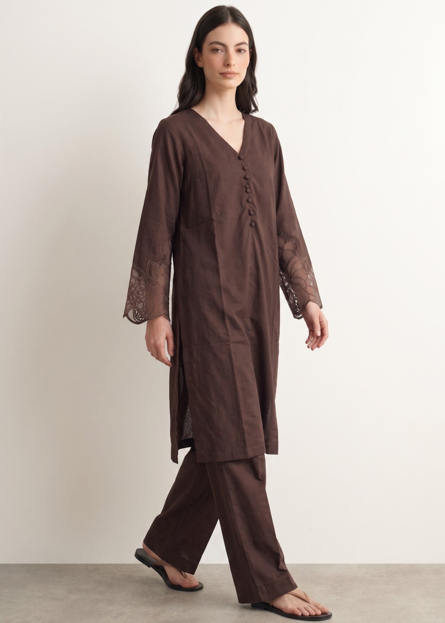 cotton jacquard Kurta Set in Chocolate brown