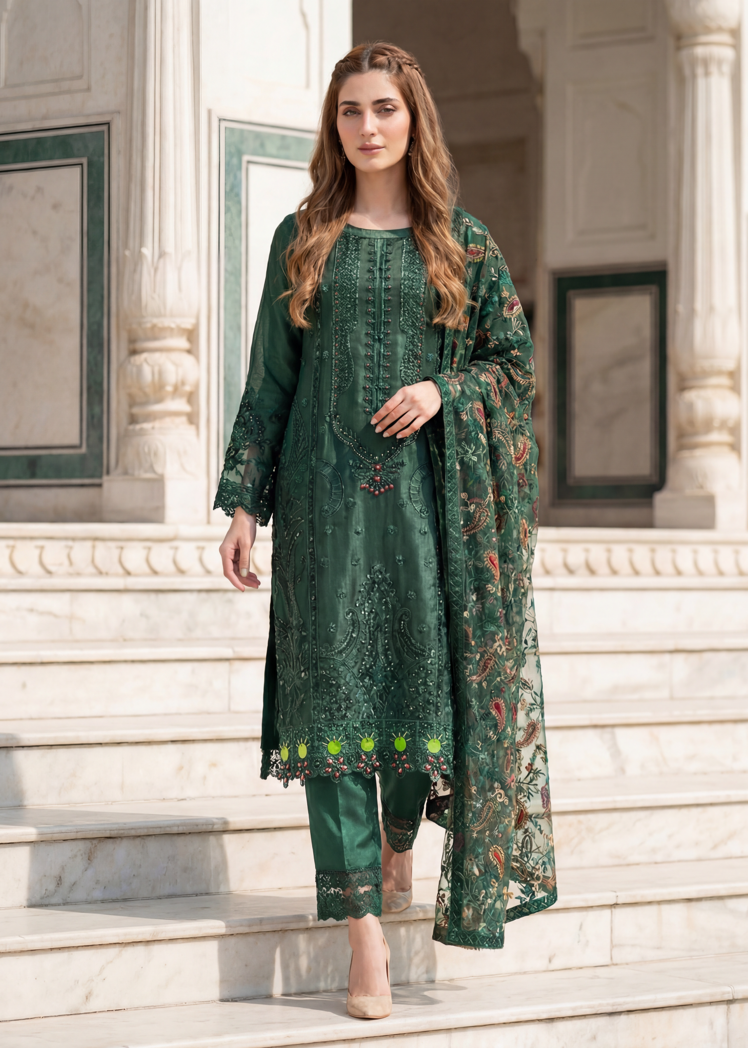 net Kurta Set in Bottle green