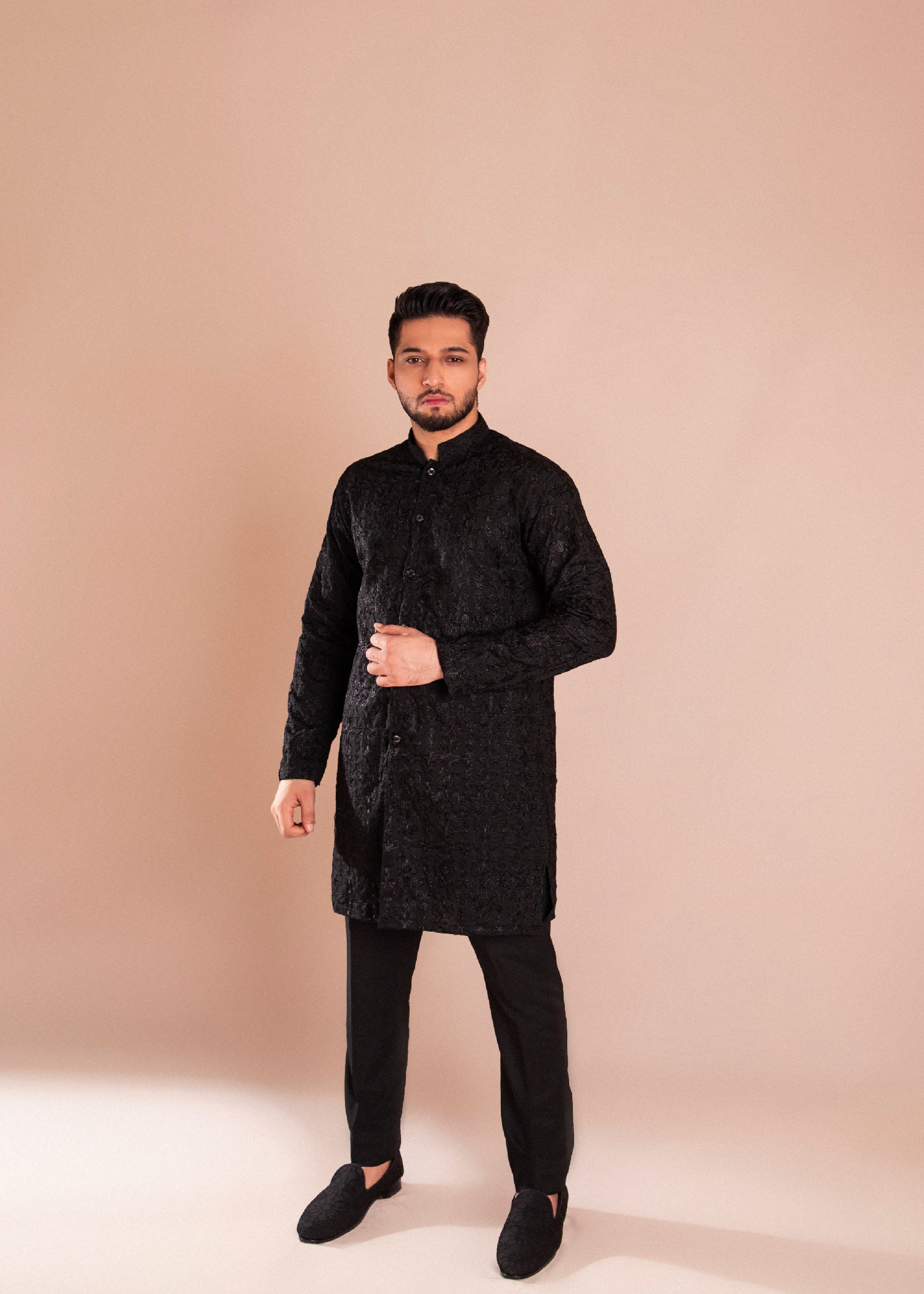 wash & wear Kurta Set in Black by Ahmad Raza