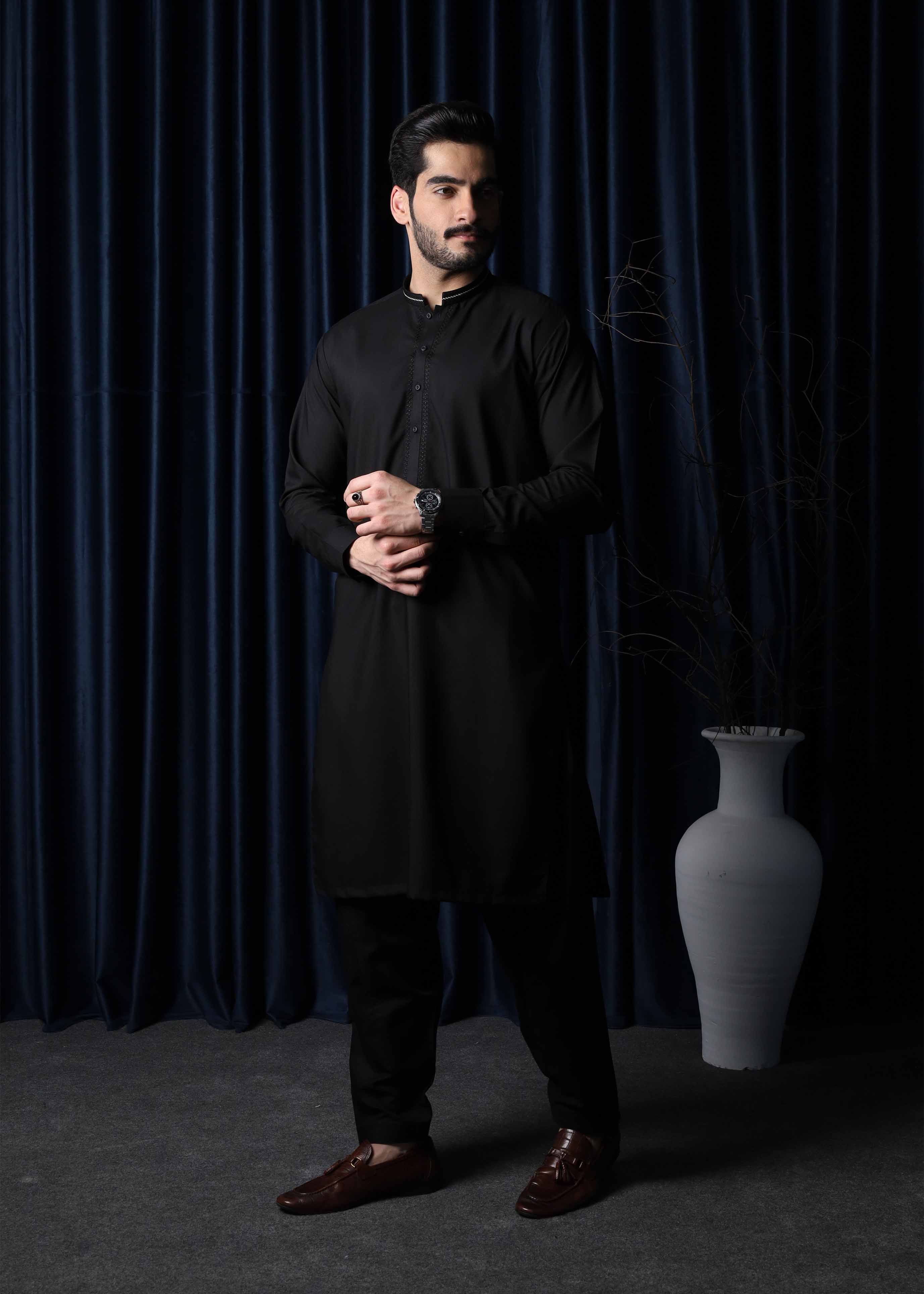 wash & wear Shalwar Kameez in Black by Mazham