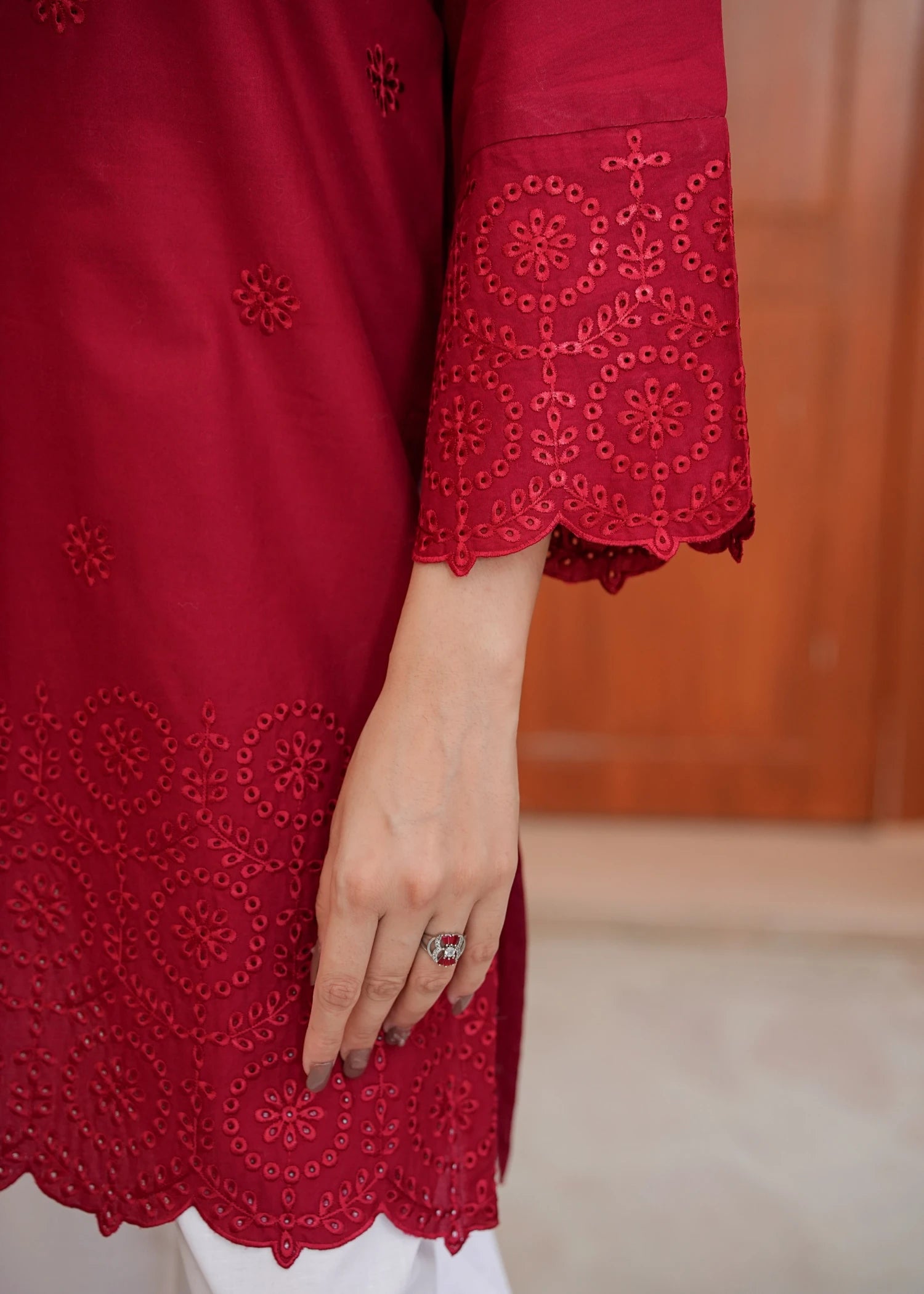 lawn Kurta Set in White, maroon