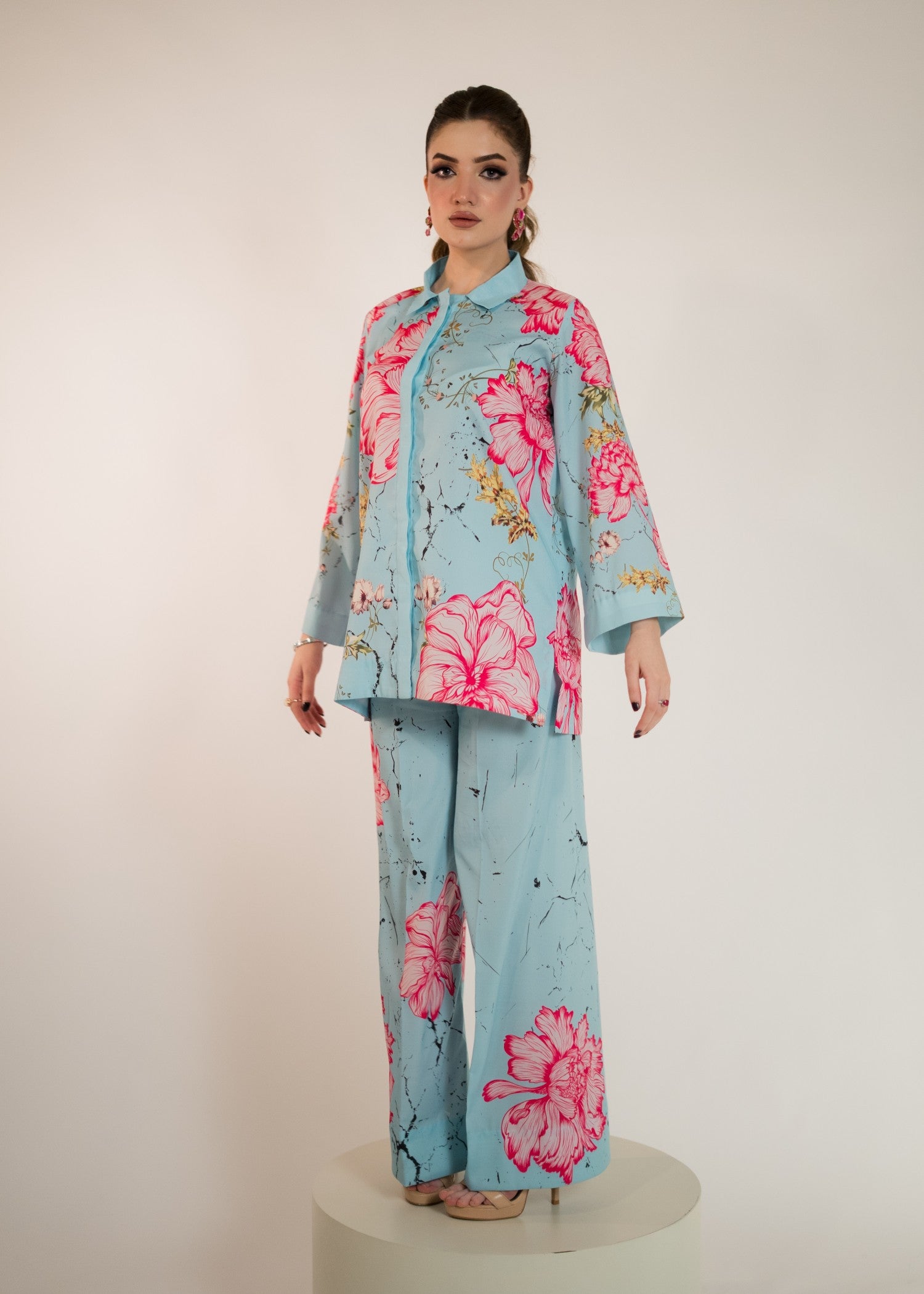 crepe silk Co ord Sets in Deep pink, light blue, blue lagoon