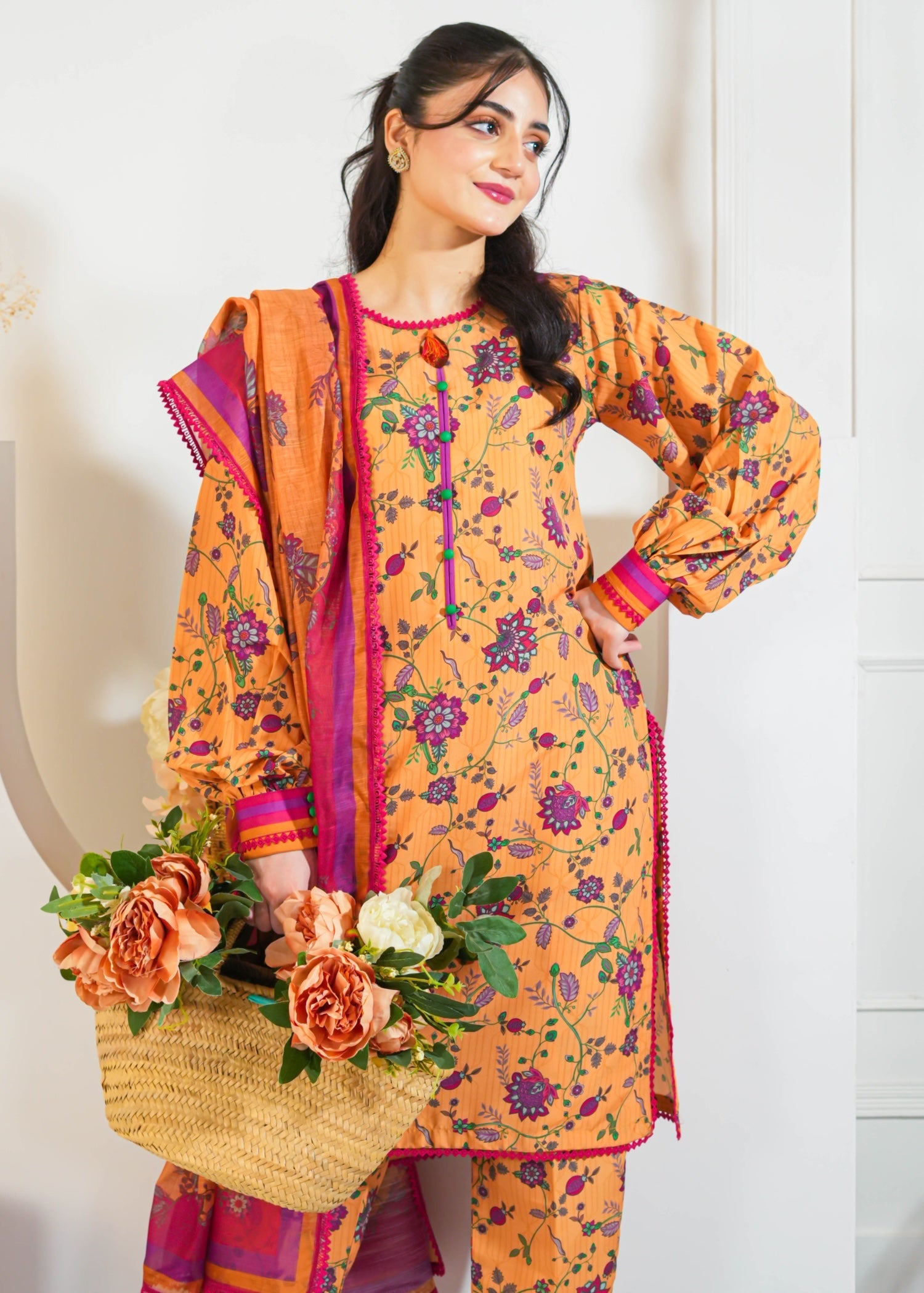 slub lawn Kurta Set in Mustard