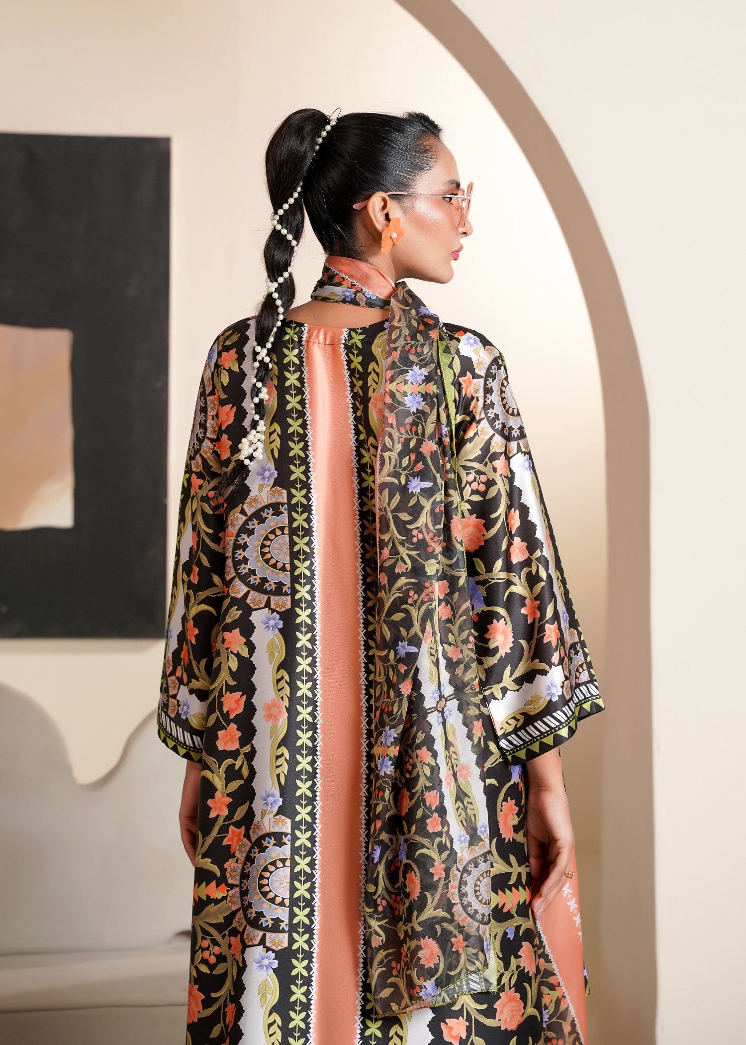 silk Kurta Set in Black, peach orange