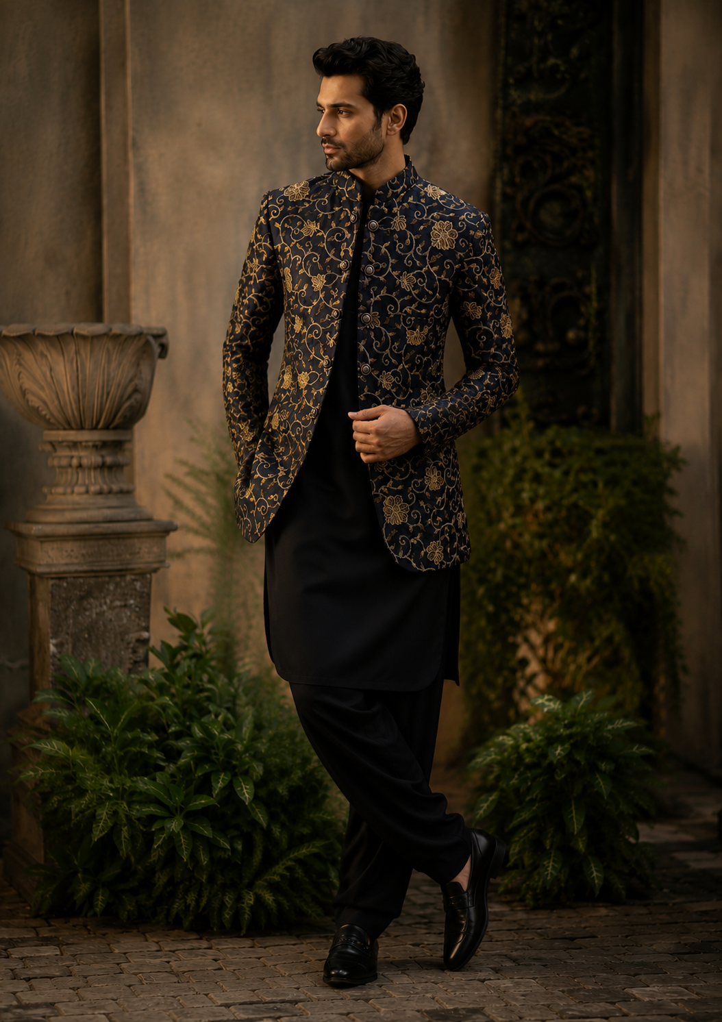 raw silk Prince Coat in Navy blue