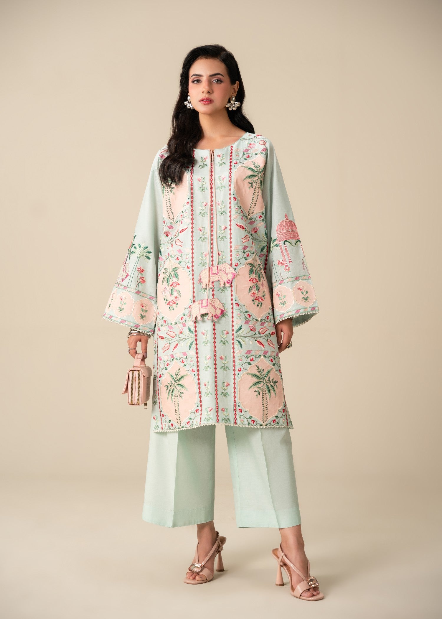 lawn Kurta Set in Peach pink, light cyan