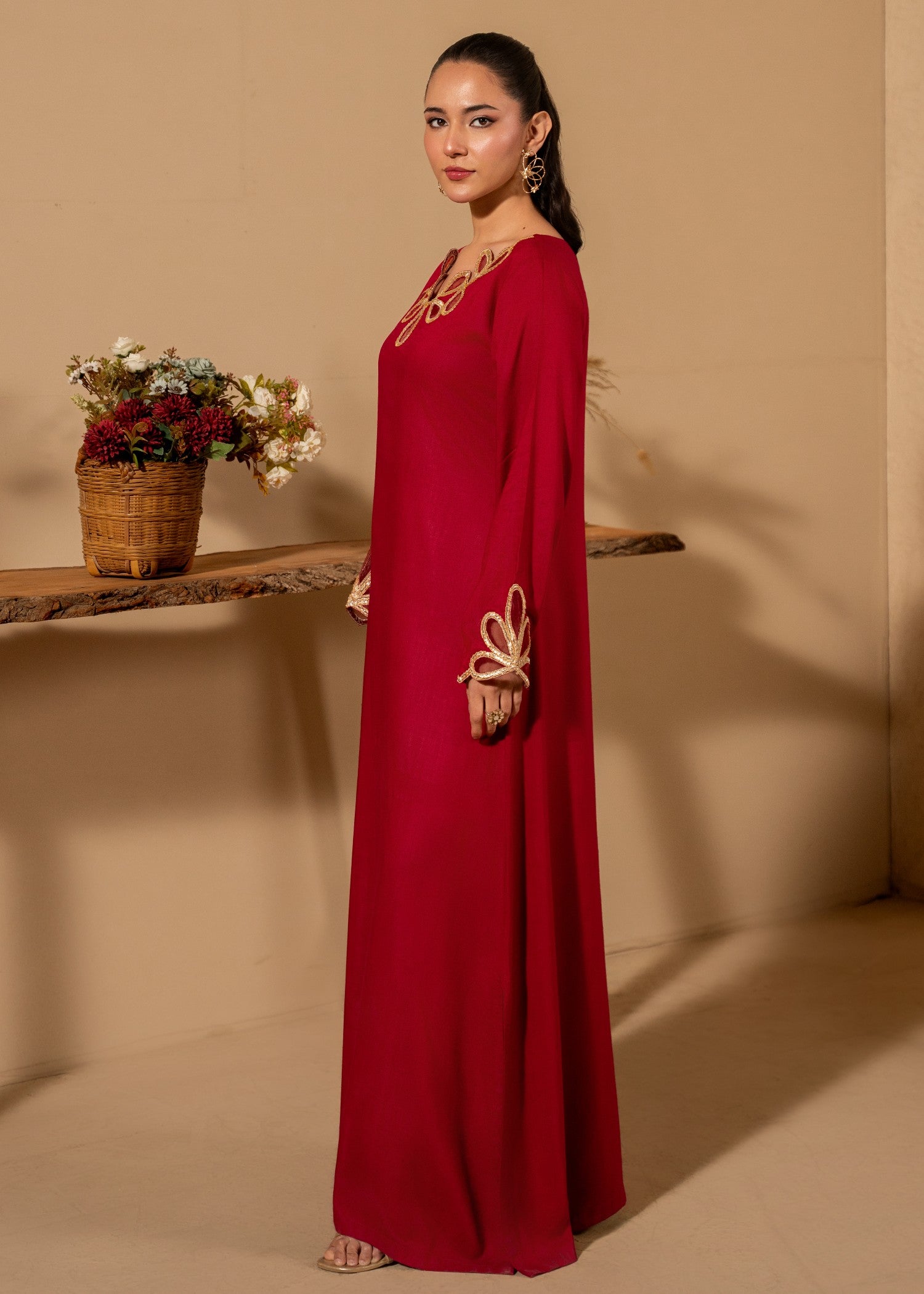 linen Pishwas in Rose red