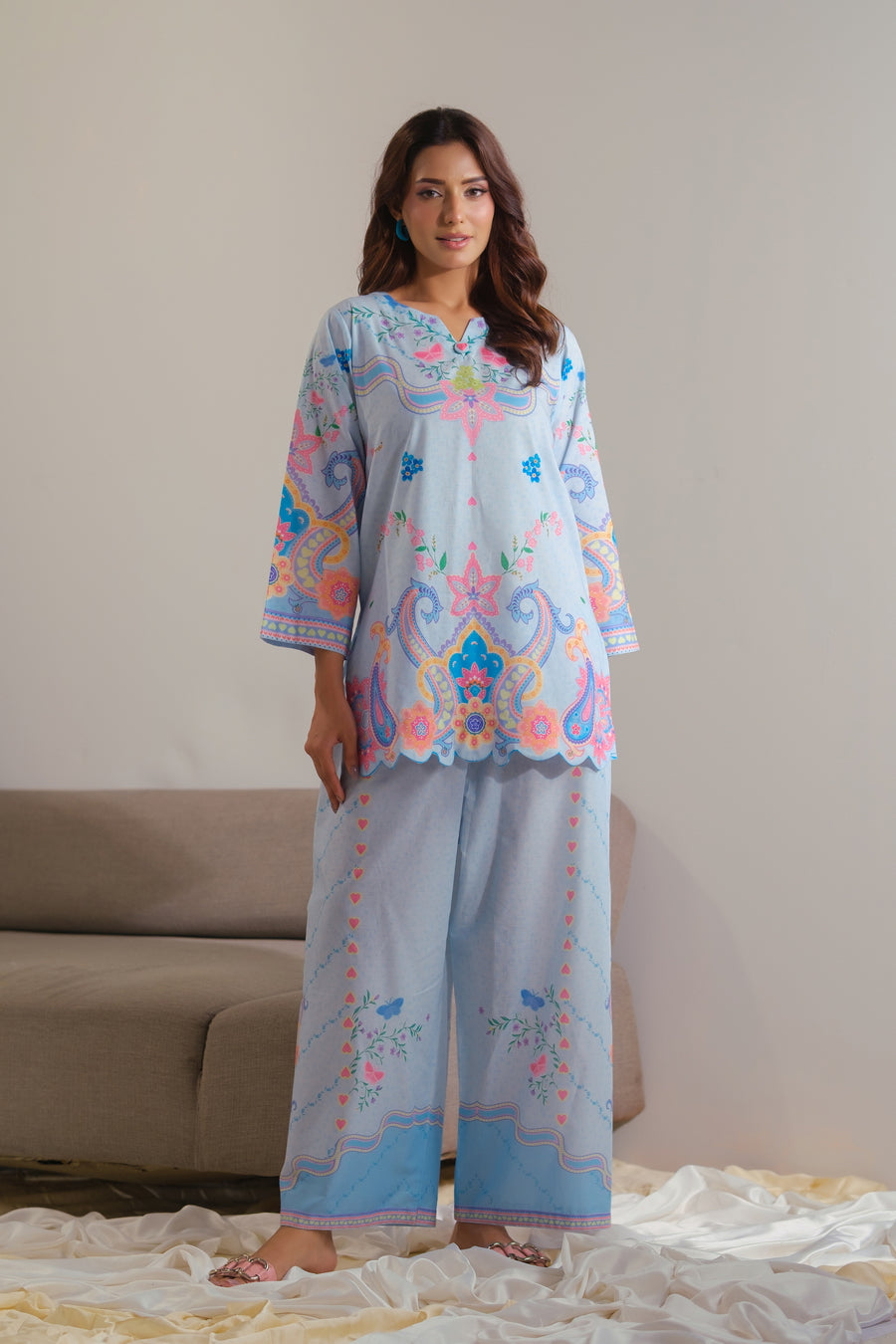 lawn cotton Co Ord Sets in Sky blue