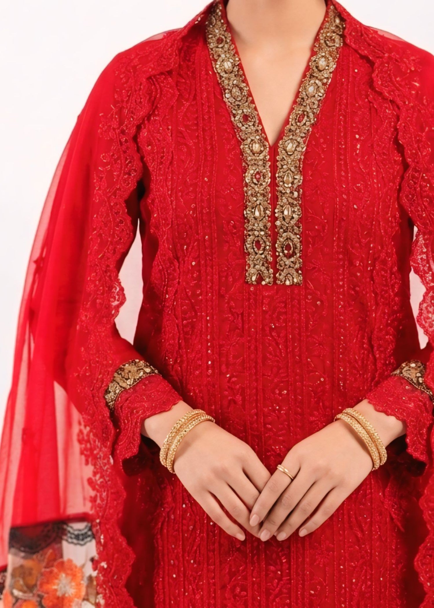 chiffon Kurta Set in Fire red