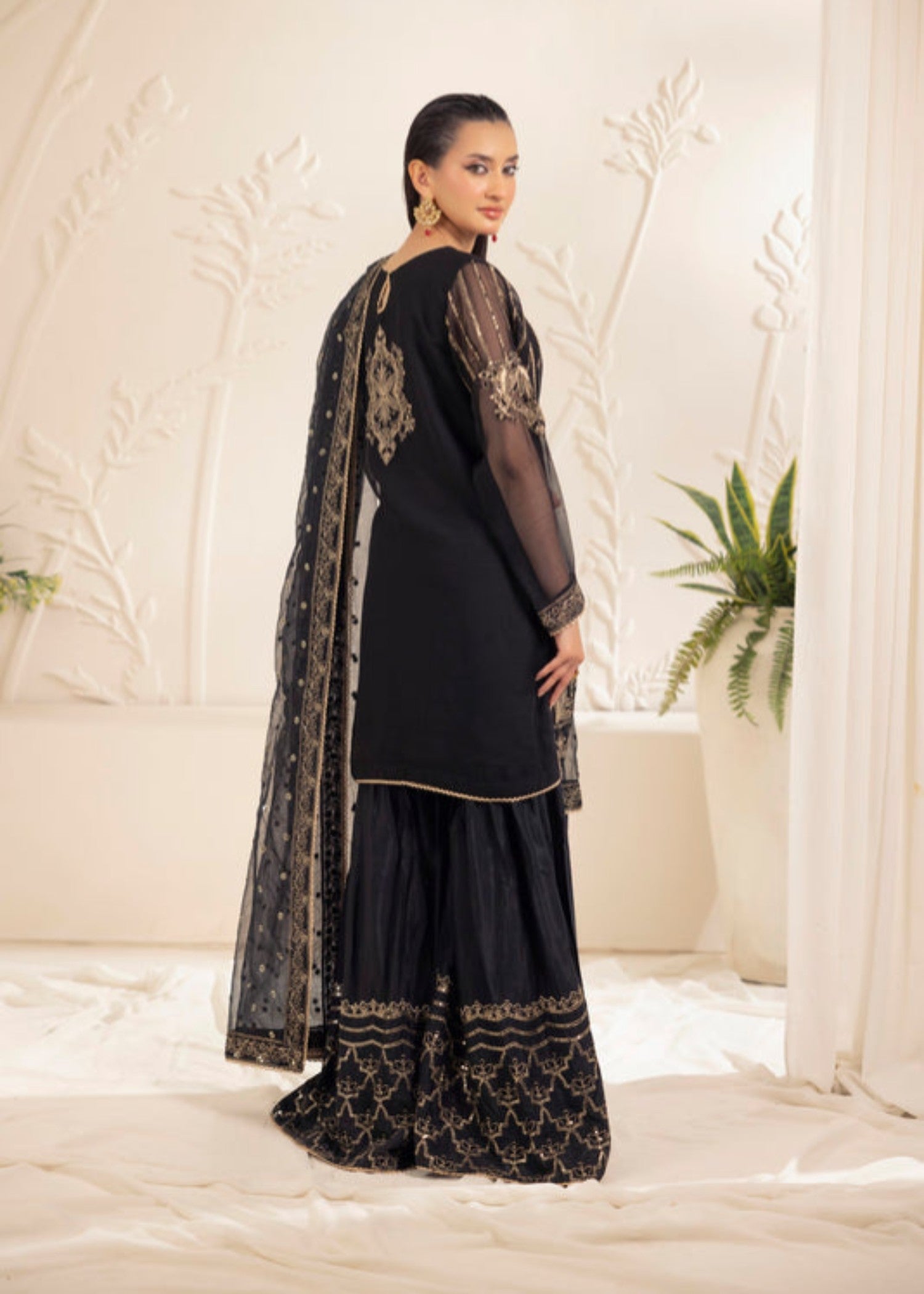 bemberg crinkle chiffon Gharara in Jet black