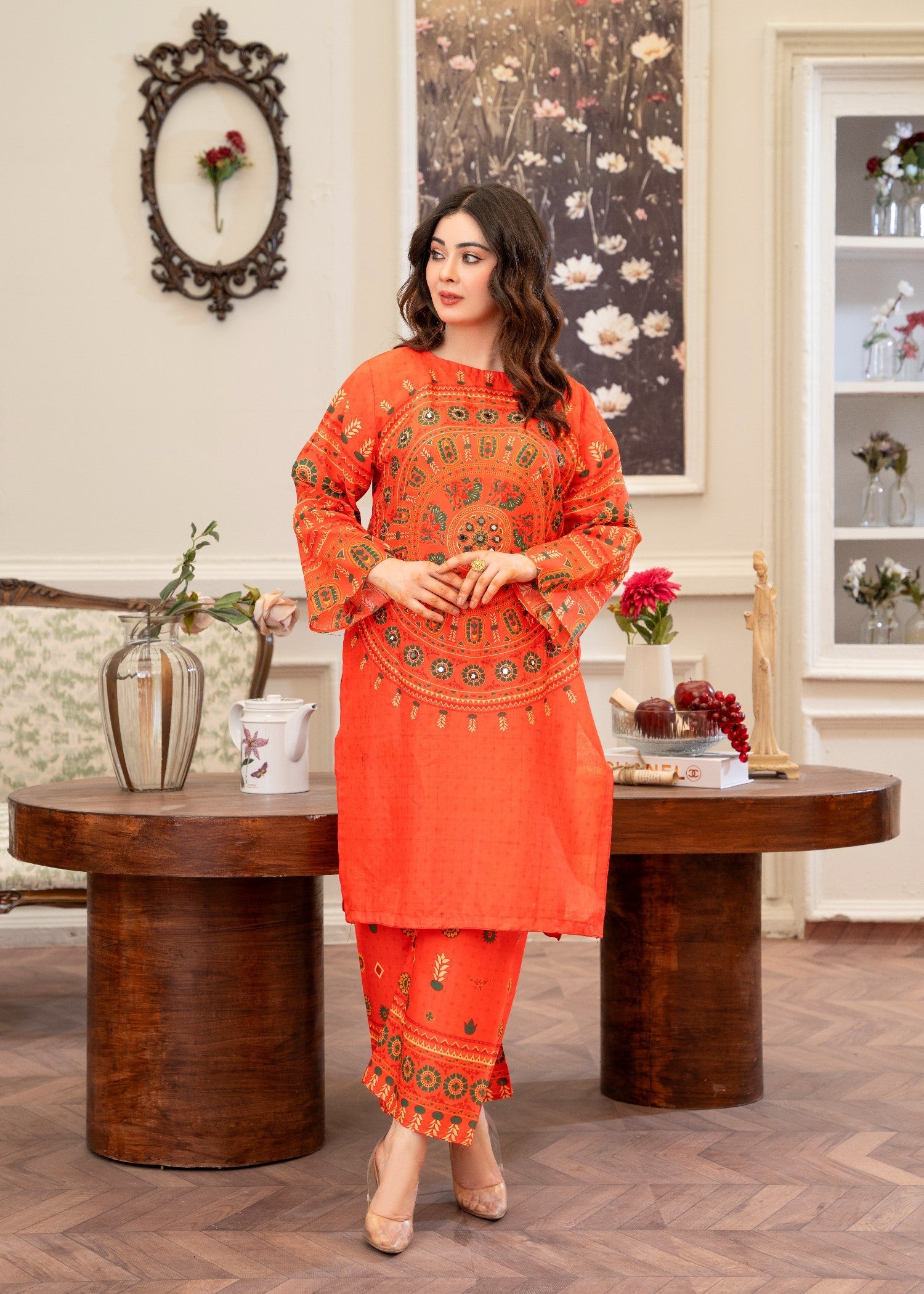 lawn cotton Kurta Set in Orange