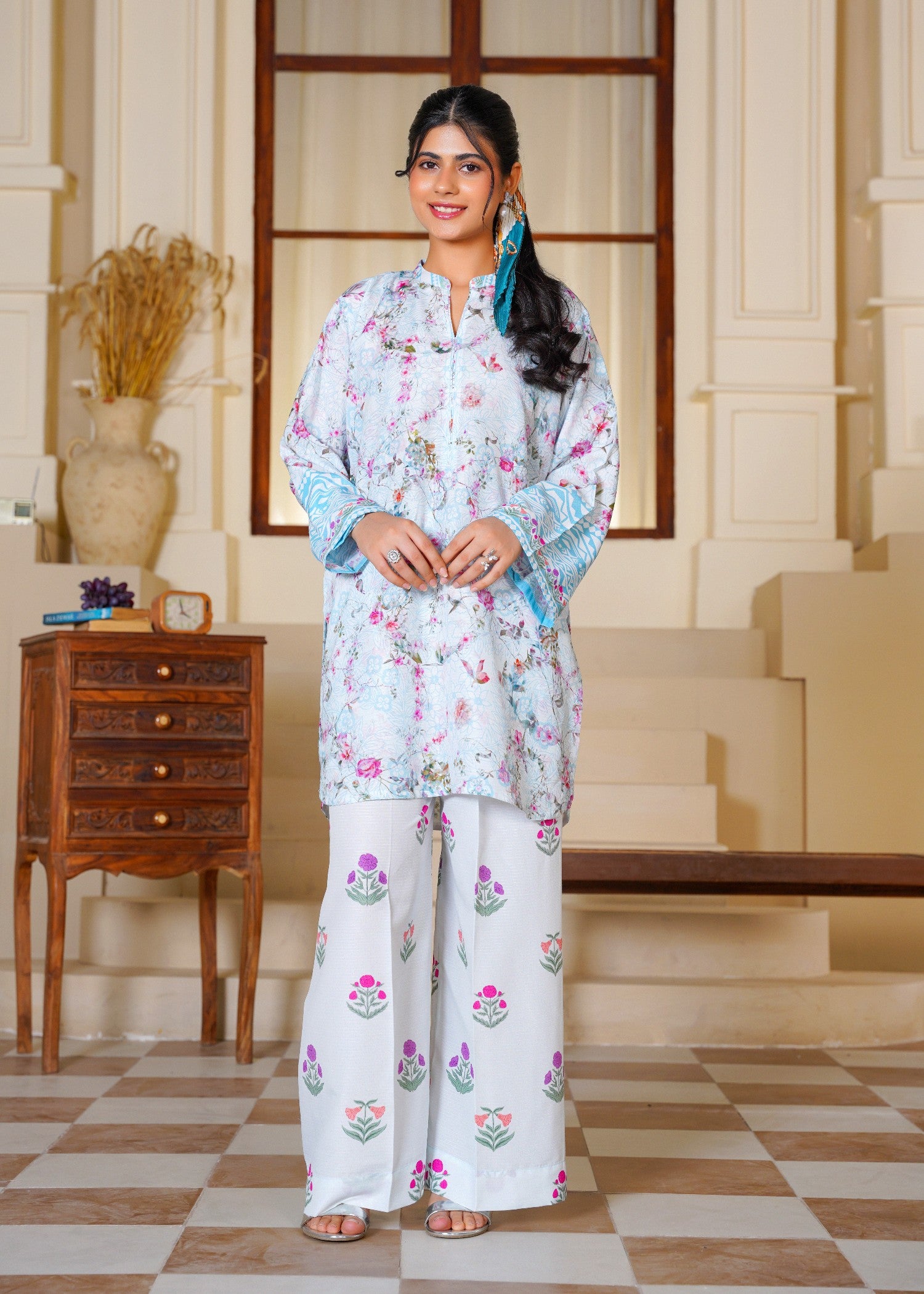 slub cambric Kurta Set in Baby blue