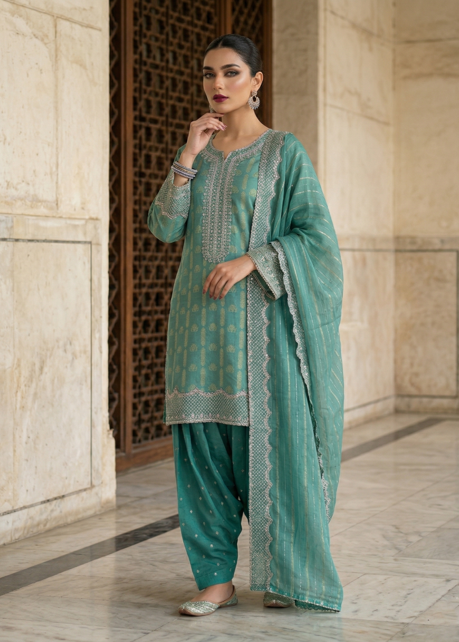 jacquard Kurta Set in Aquamarine
