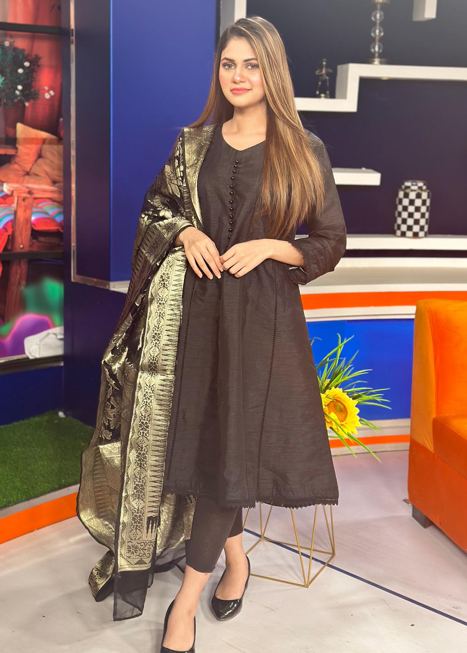 raw silk Short Frock in Black