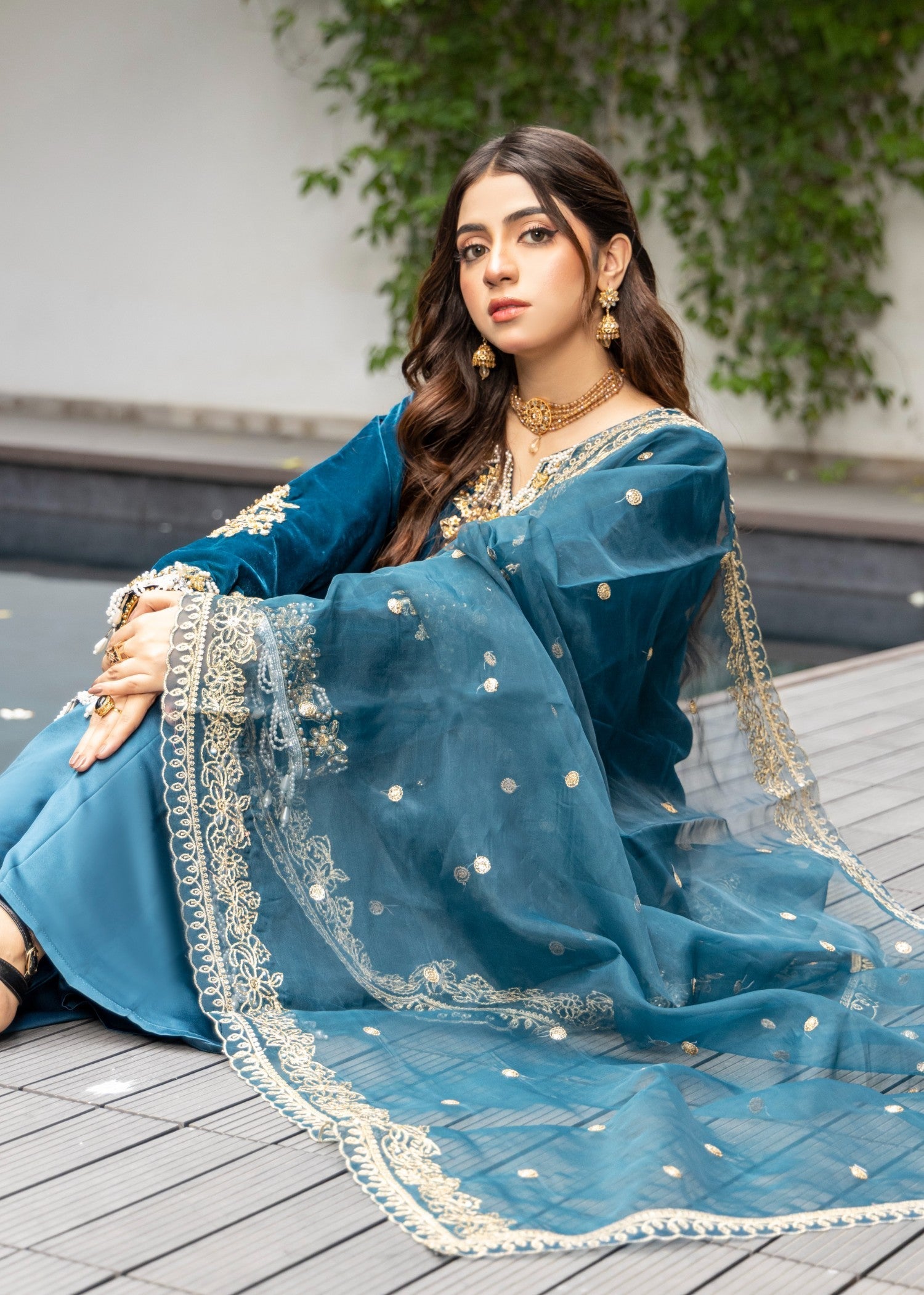 velvet Kurta Set in Teal
