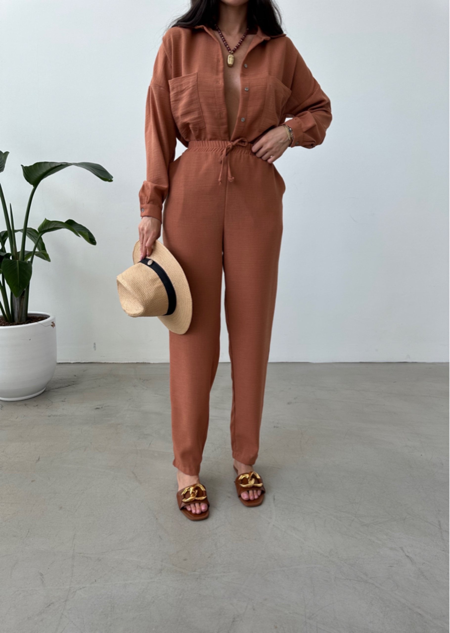 blended linen Co Ord Sets in Chocolate brown
