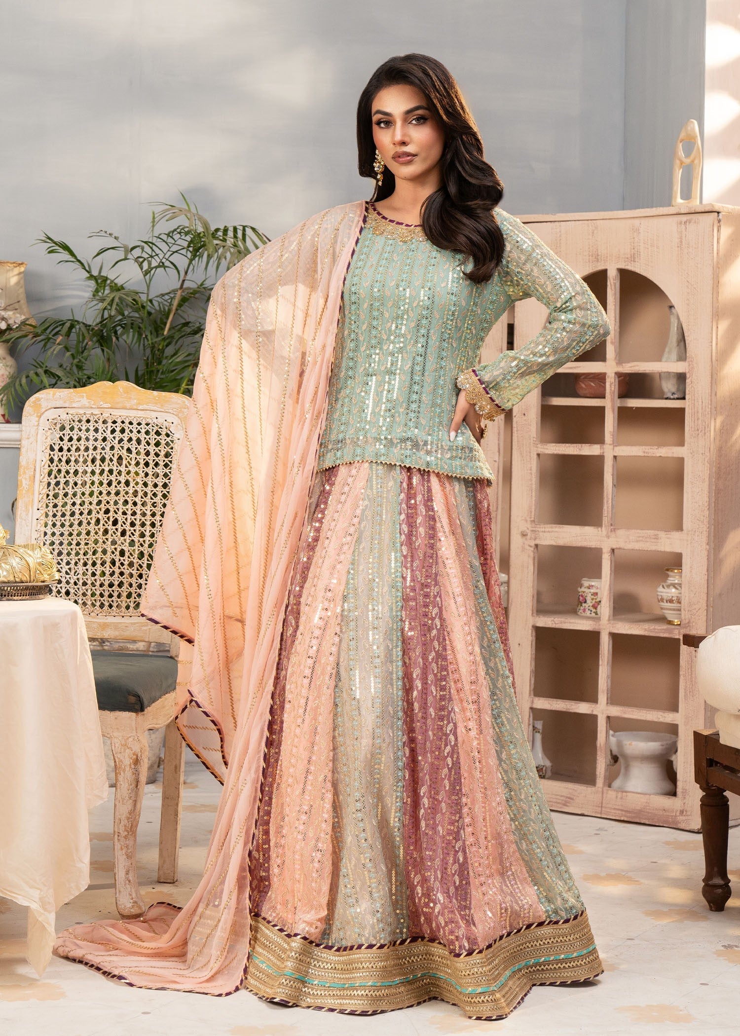 chiffon Lehenga in Multi