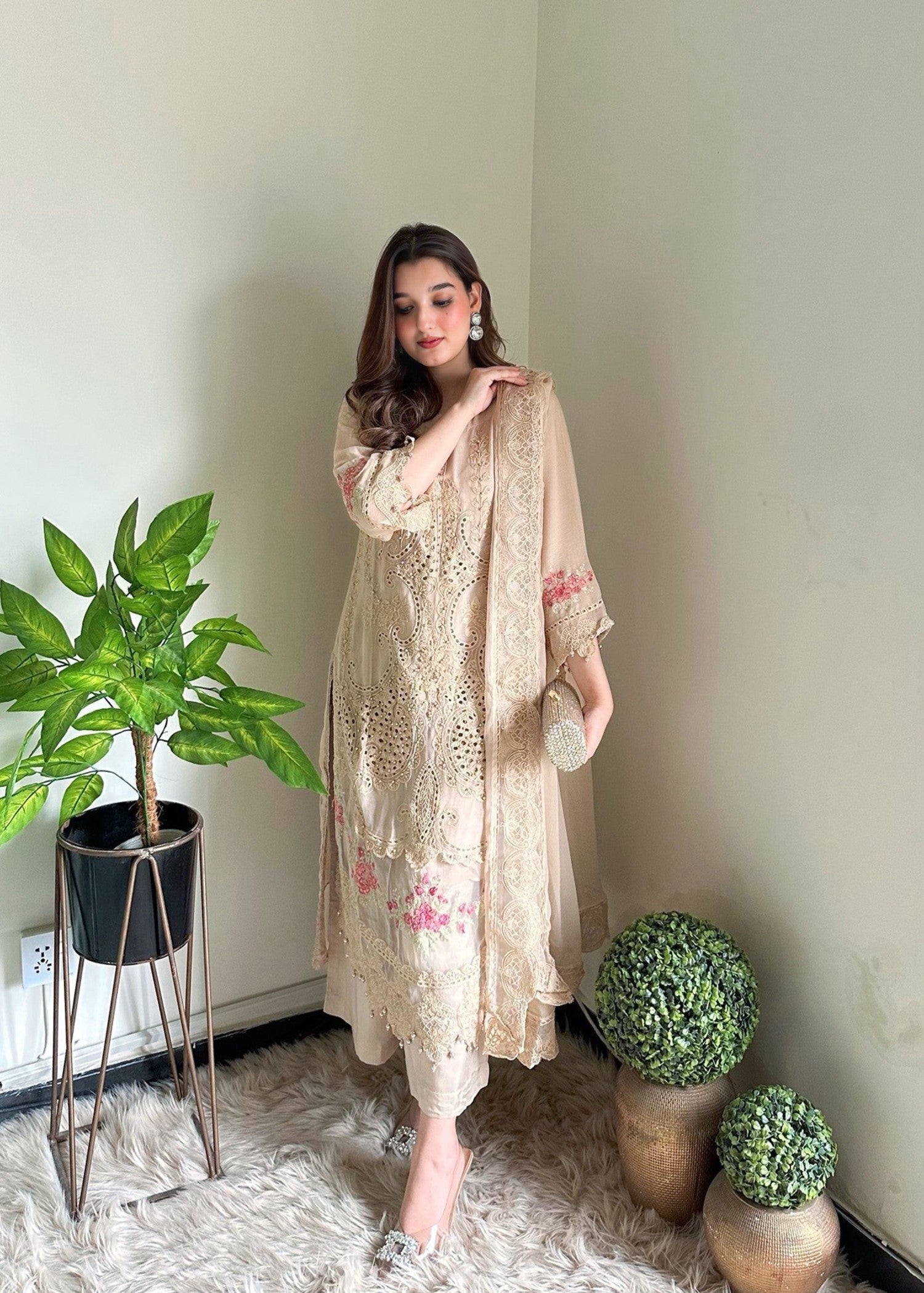 chiffon Kurta Set in Tan brown