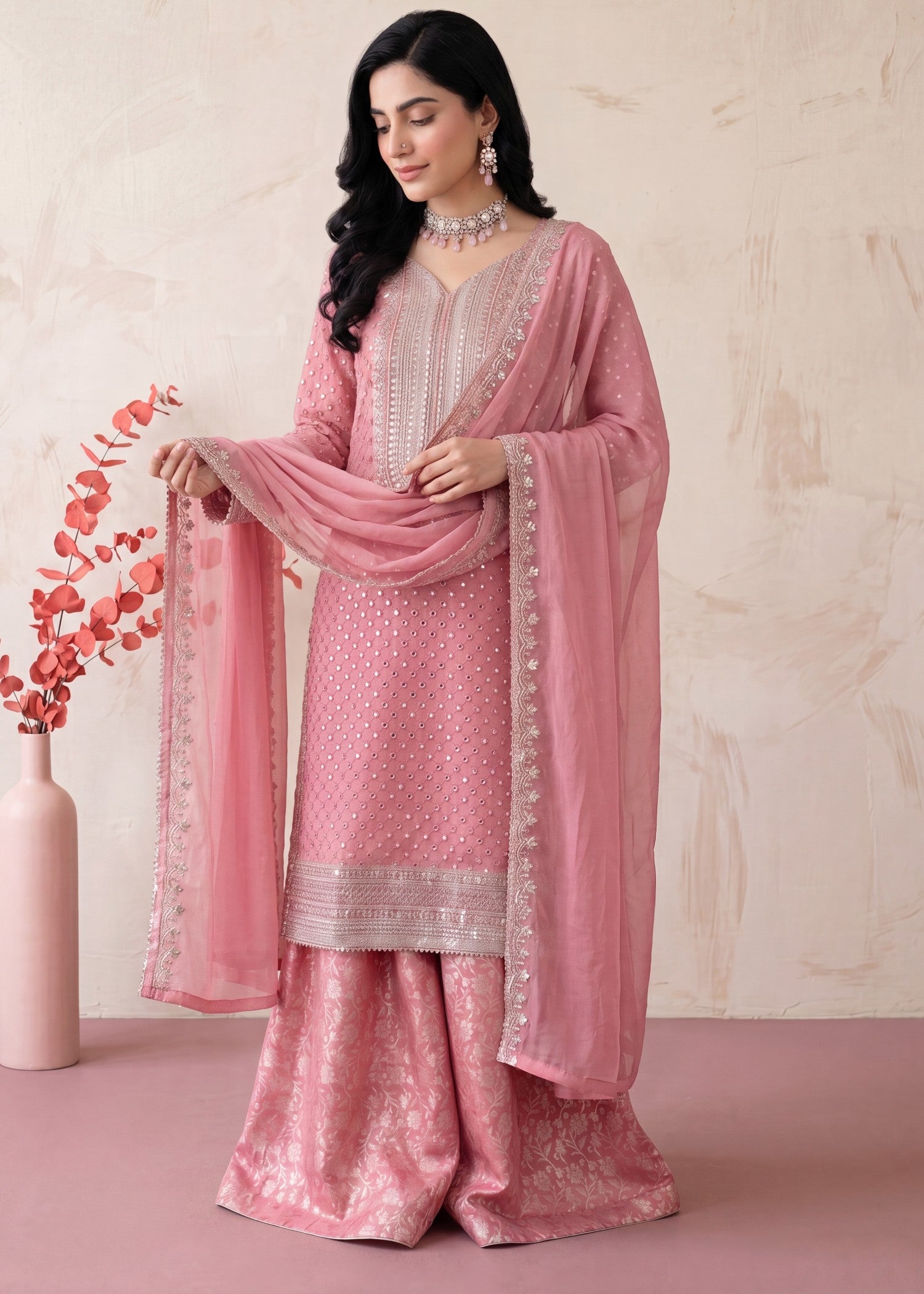 chiffon Sharara in Rose pink
