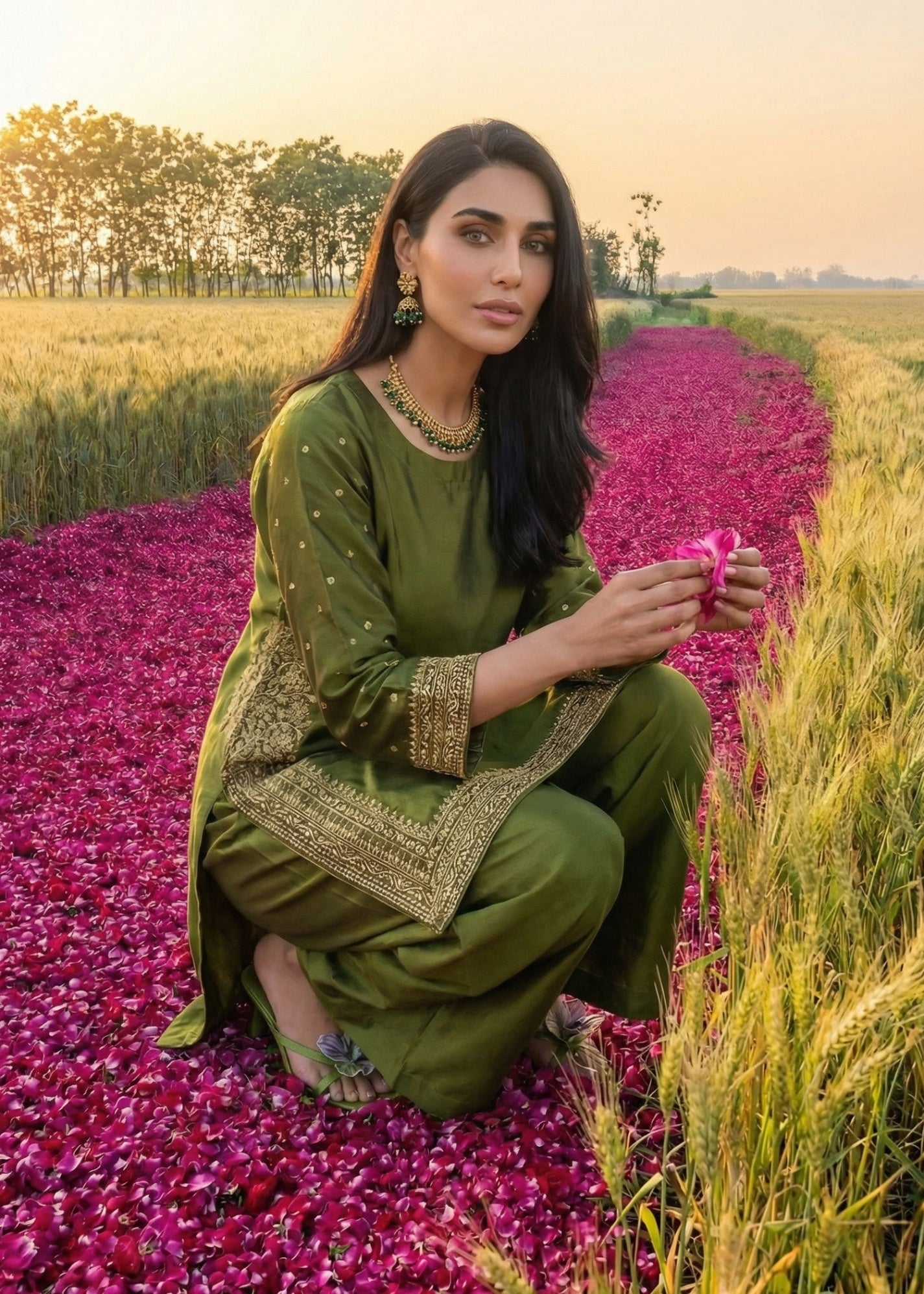 raw silk Kurta Set in Olive green