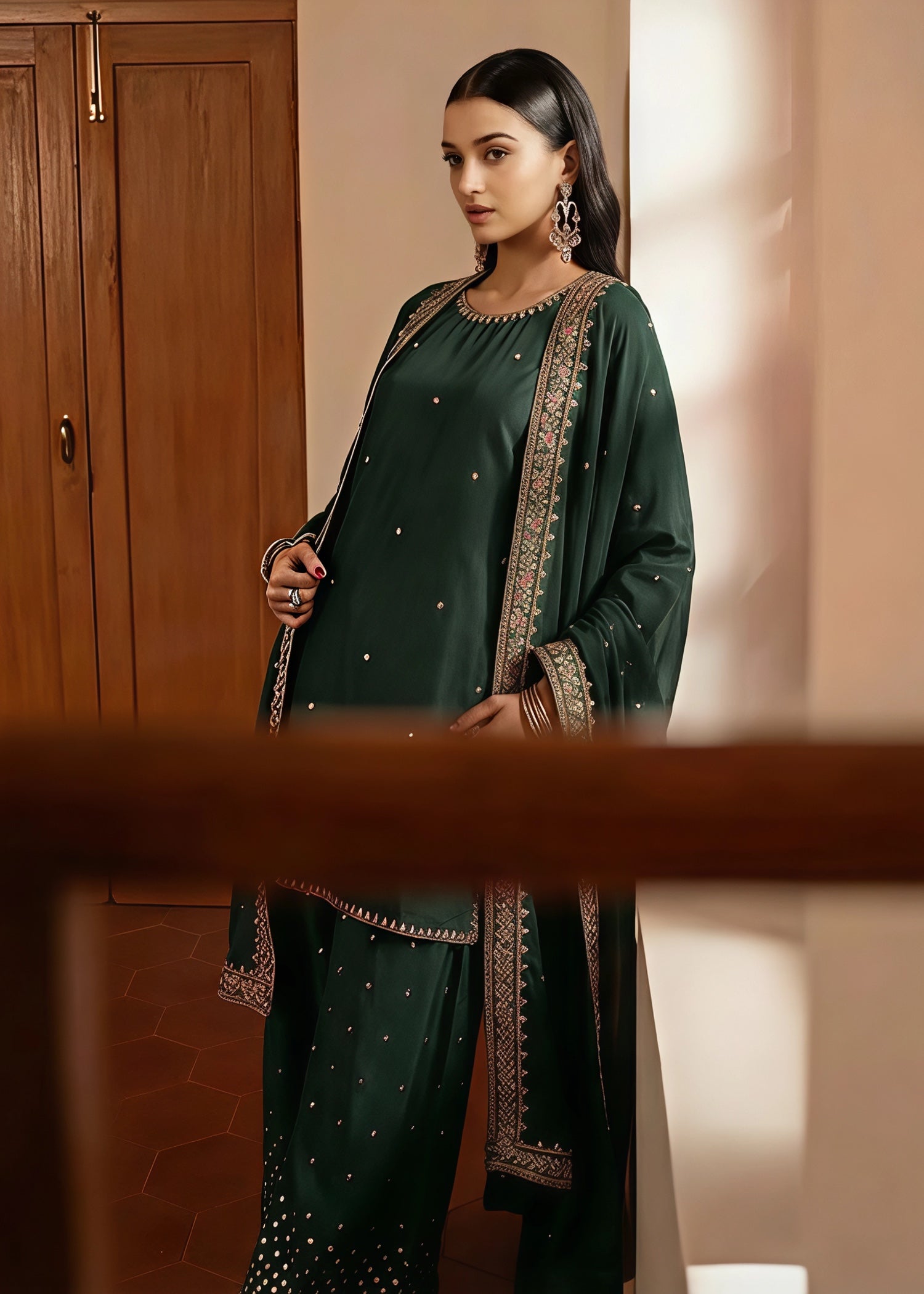 silk Kurta Set in Dark green