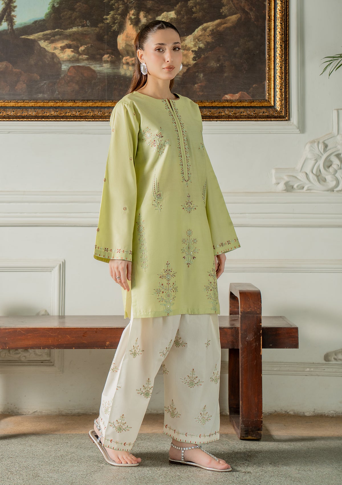 cotton Kurta Set in Pistachio green