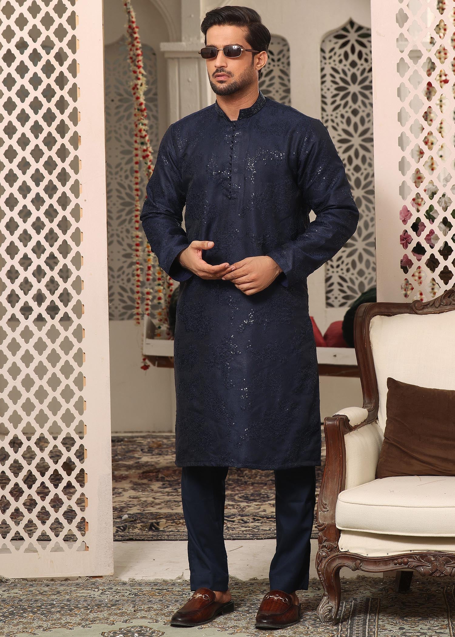 jamawar Kurta Set in Blue