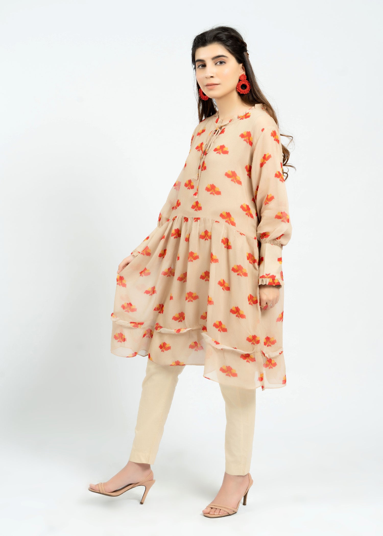 chiffon Short Frock in Beige