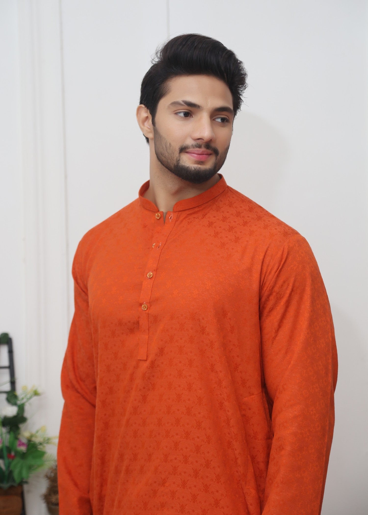cotton jamawar Kurta in Rust orange