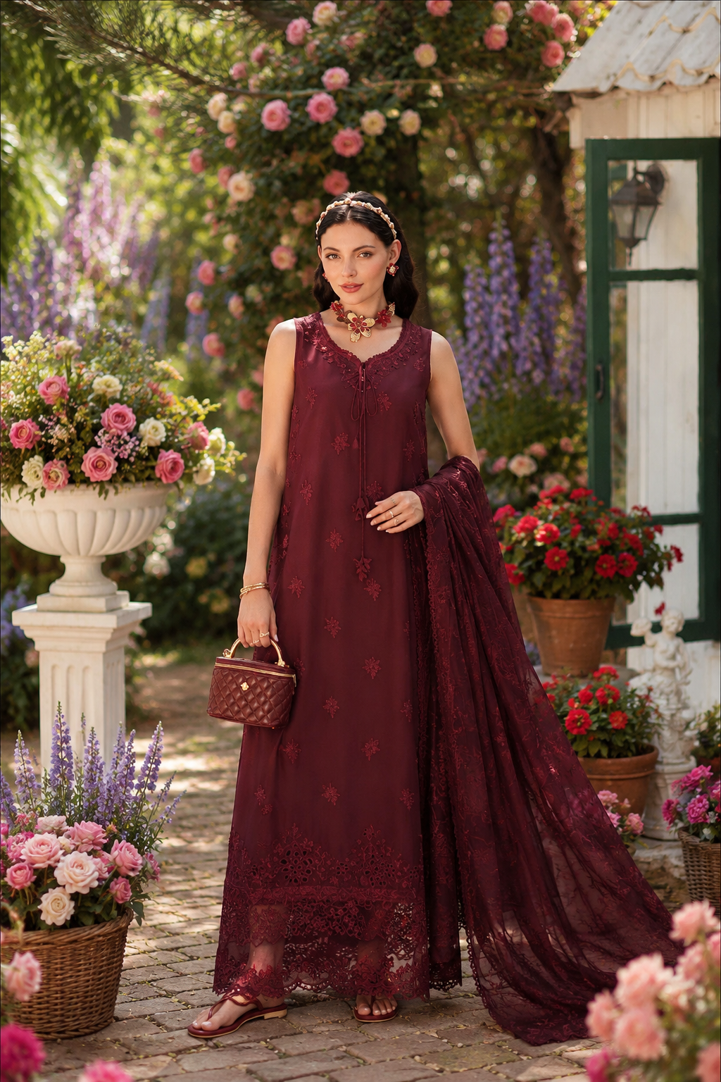 Noor Eid Printskhas Lawn – D10 – Burgundy