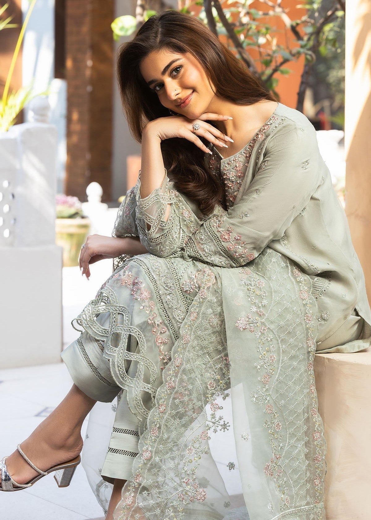 organza Kurta Set in Grey