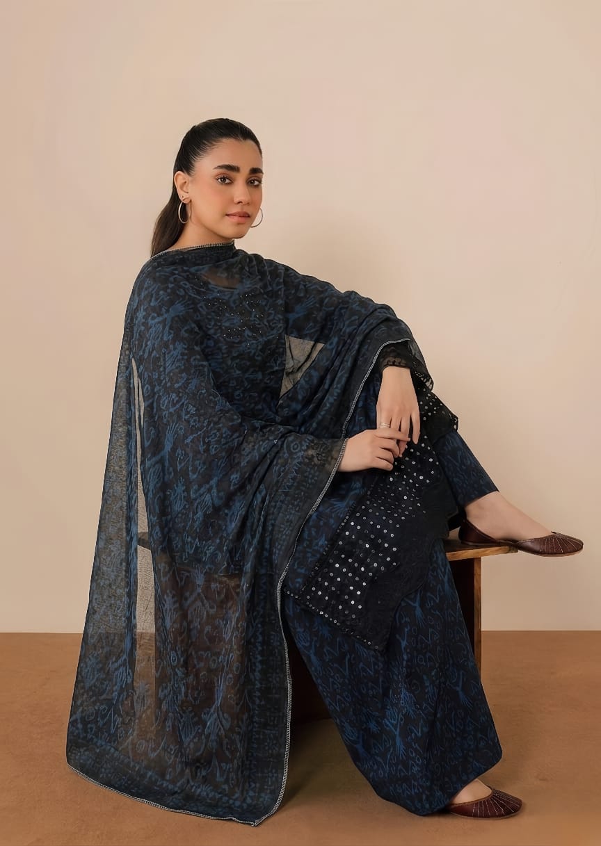 poly lawn Kurta Set in Navy blue