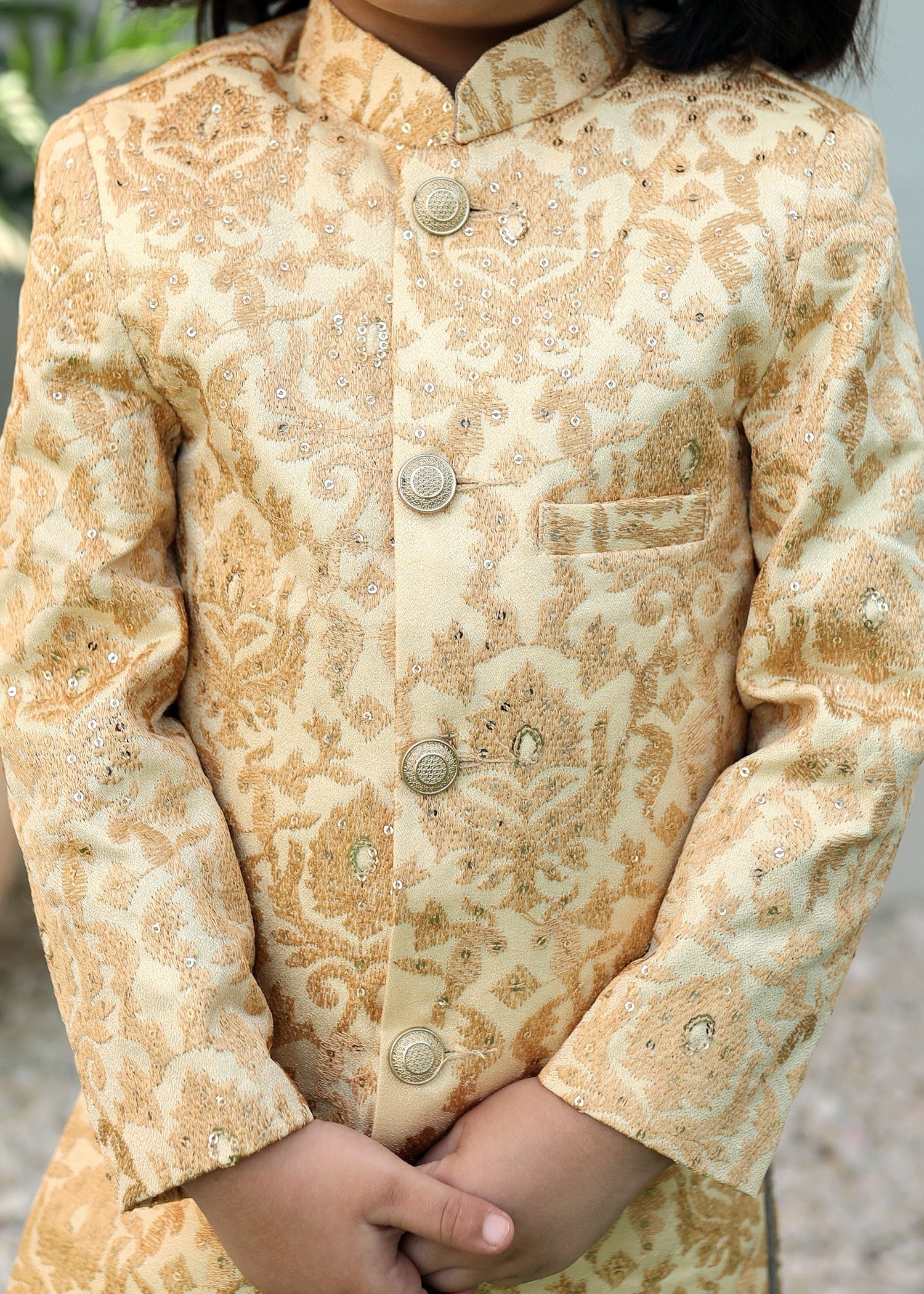 raw silk Sherwani in Cream, goldenrod
